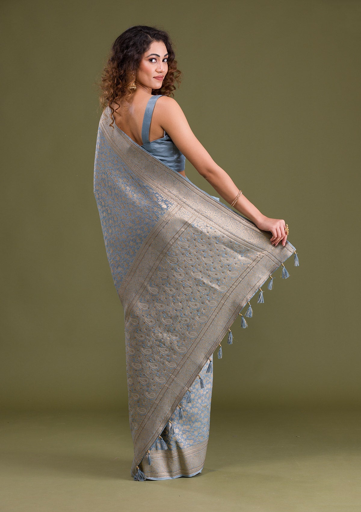 Light Grey Stonework Satin Silk Saree