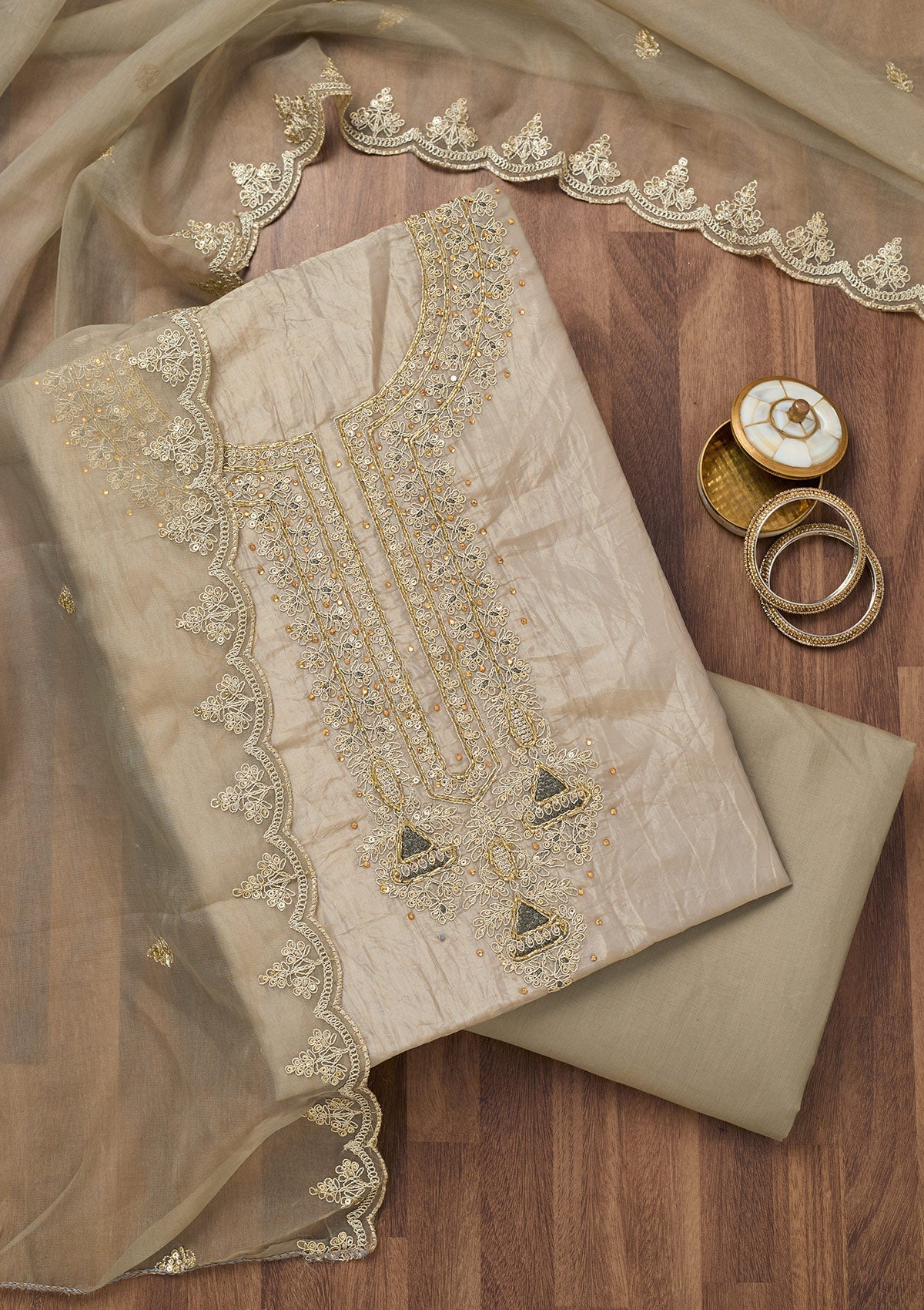 Light Grey Zariwork Tissue Unstitched Salwar Suit