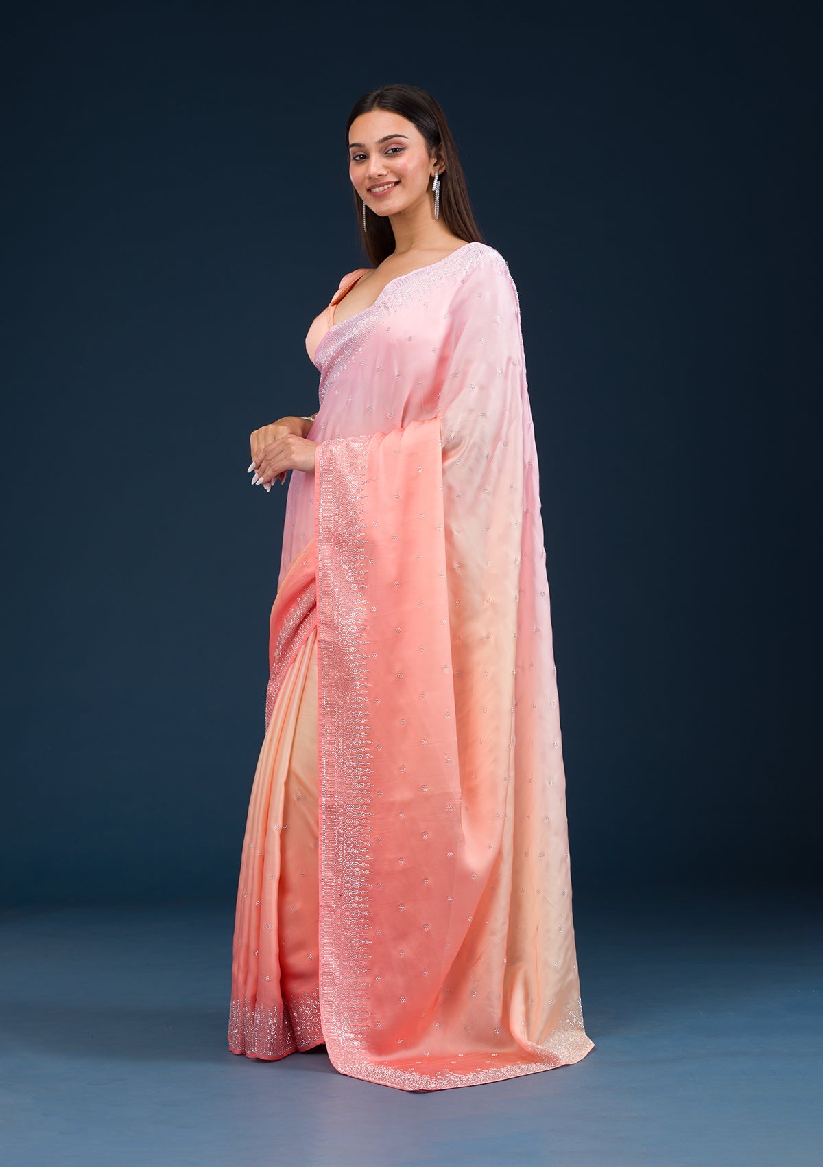 Light Orange Stonework Satin Saree