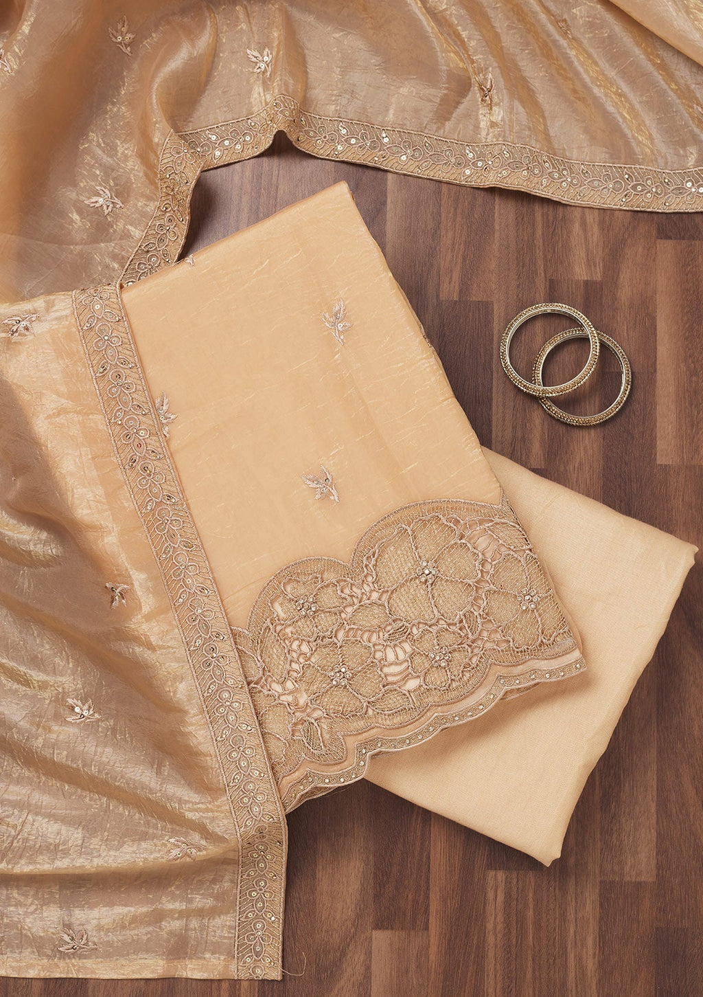 Light Peach Zariwork Semi Crepe Unstitched Salwar Suit