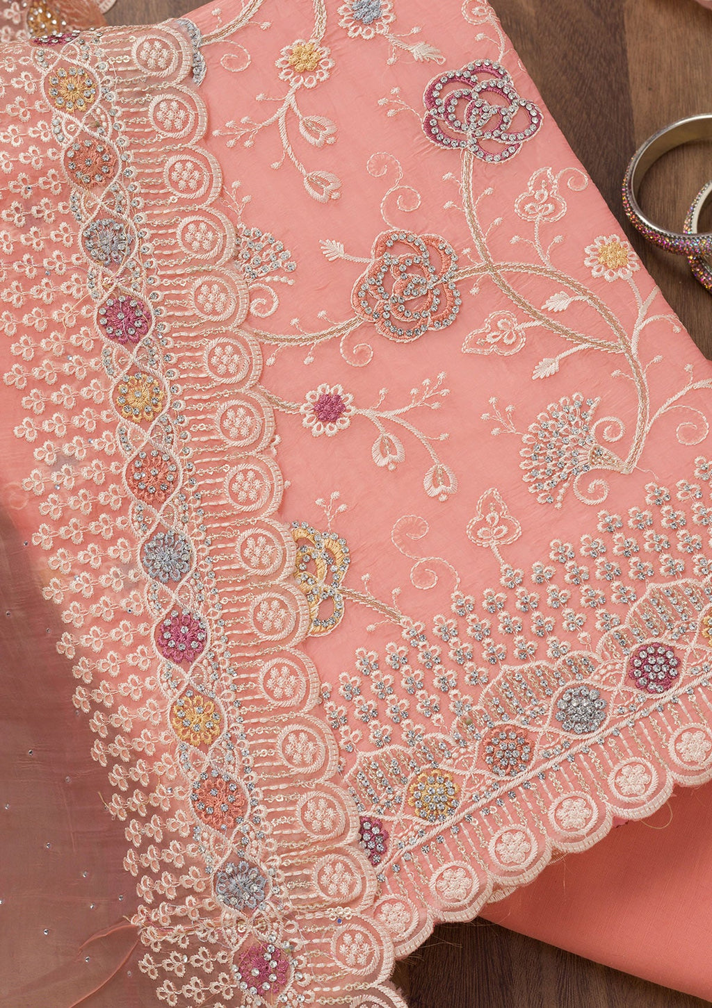 Light Peach Zariwork Semi Crepe Unstitched Salwar Suit