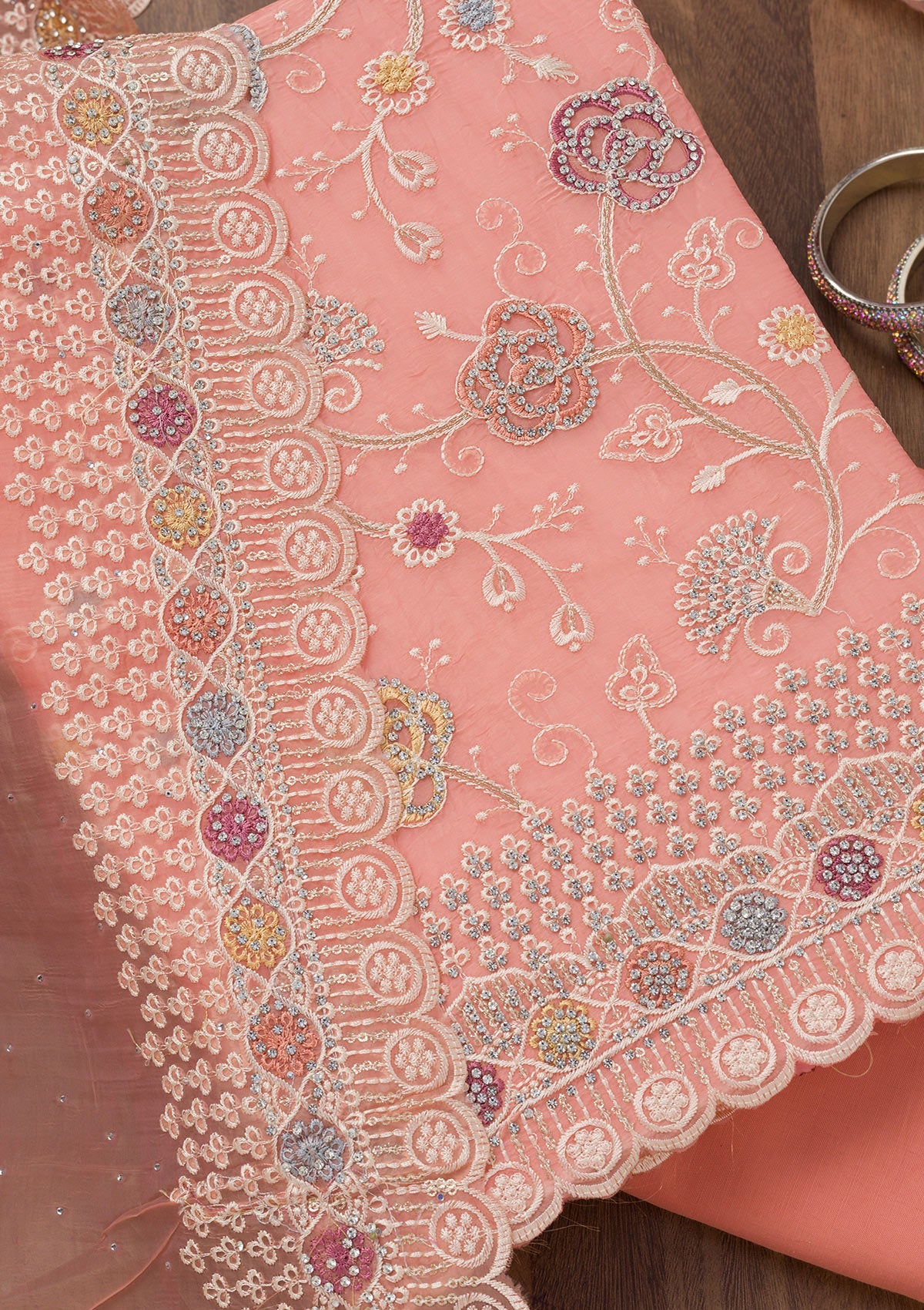Light Peach Zariwork Semi Crepe Unstitched Salwar Suit