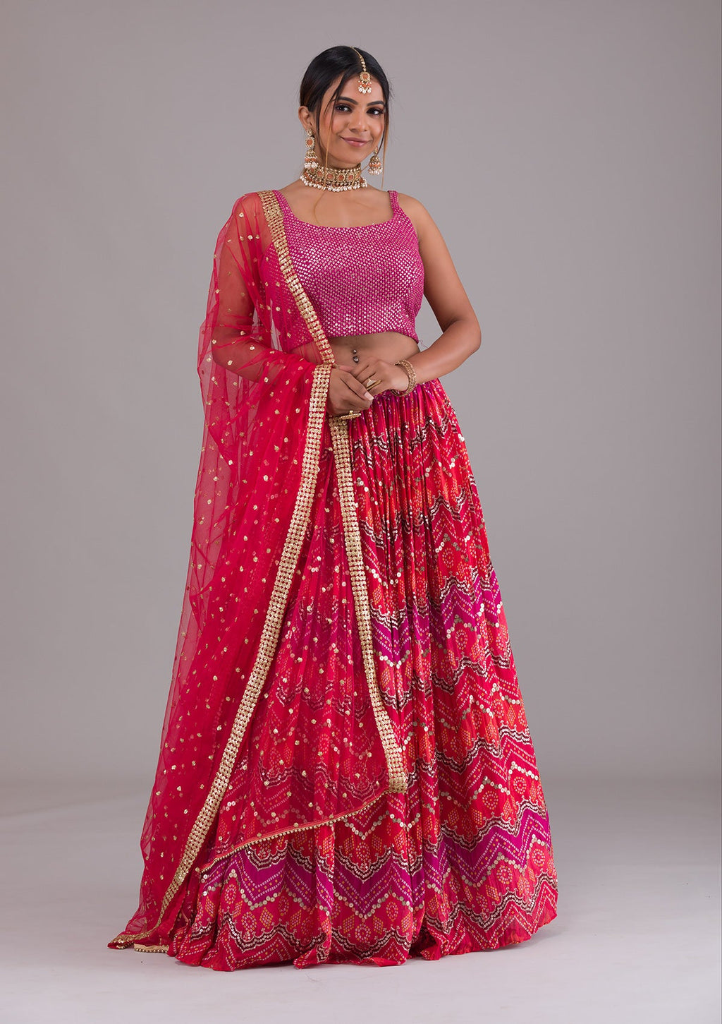 Magenta Pink Sequins Georgette Readymade Lehenga