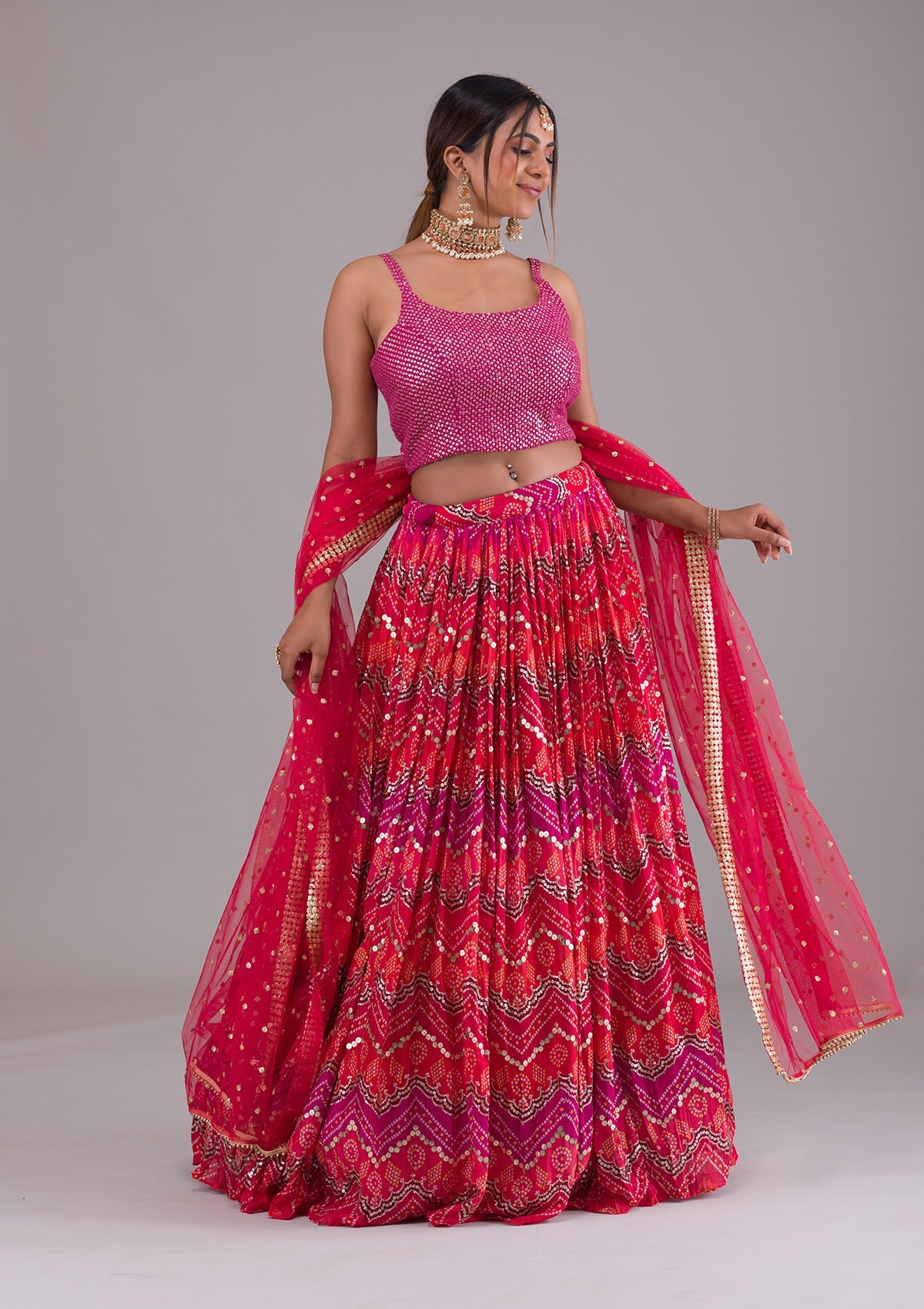 Magenta Pink Sequins Georgette Readymade Lehenga