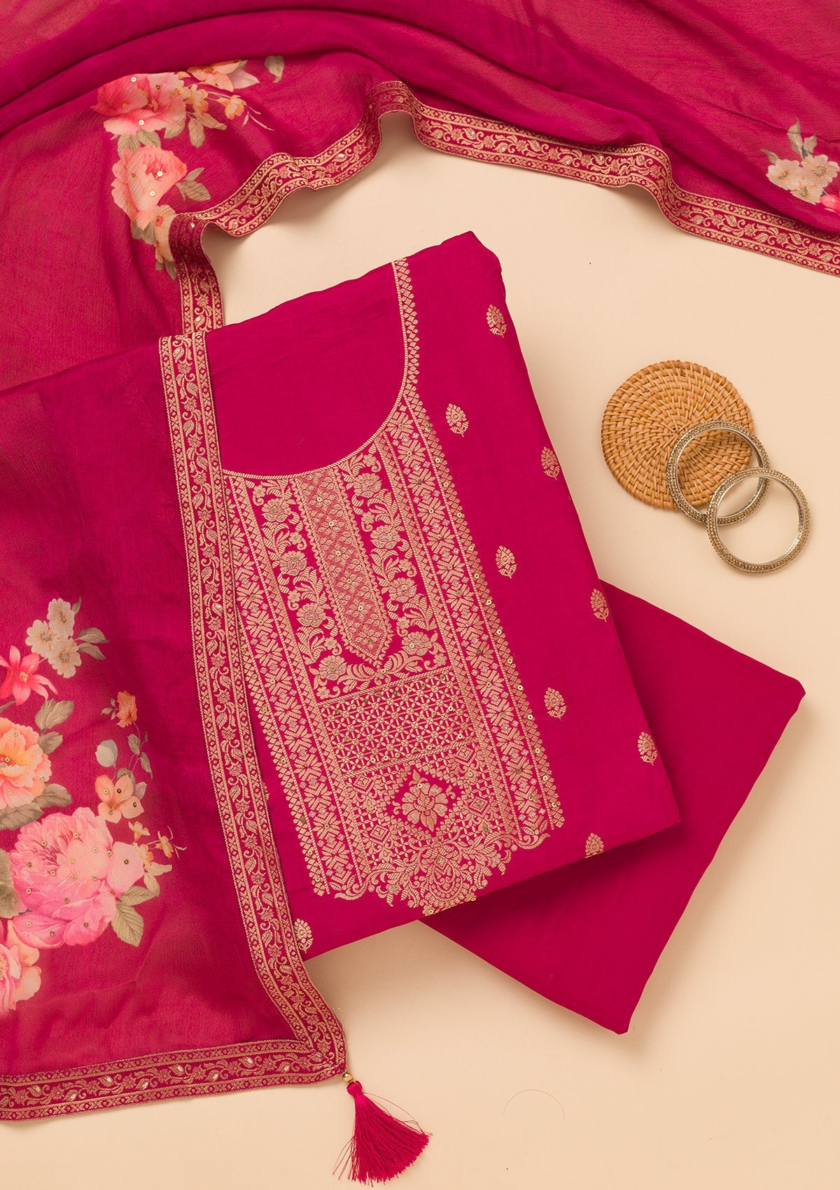 Magenta Pink Zariwork Semi Crepe Unstitched Salwar Suit