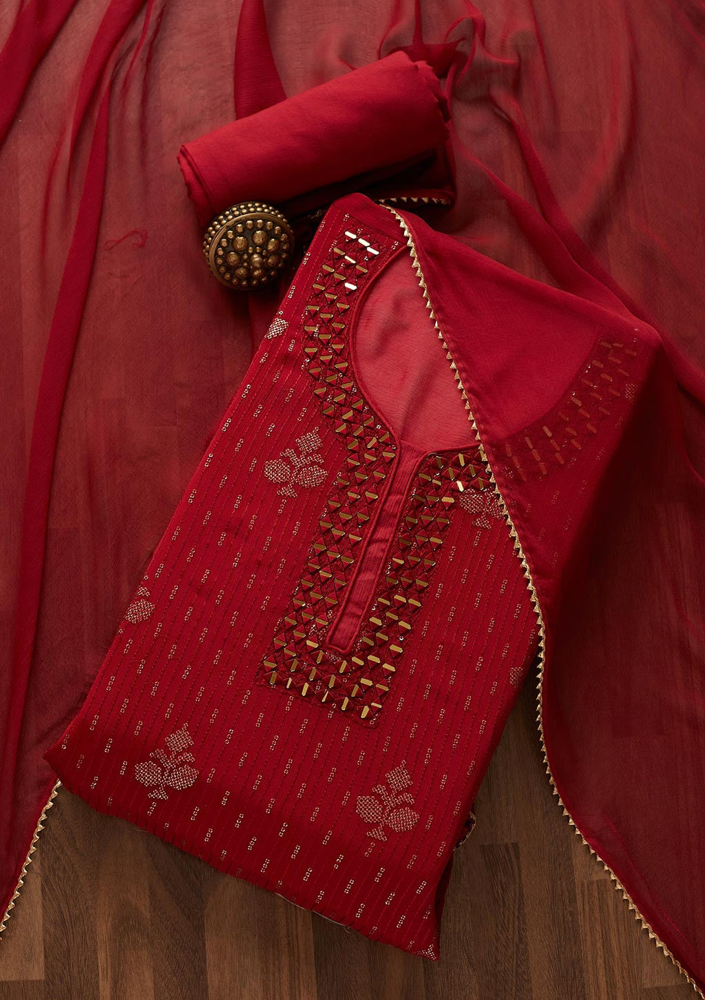 Maroon Mirrorwork Georgette Semi-Stitched Salwar Suit