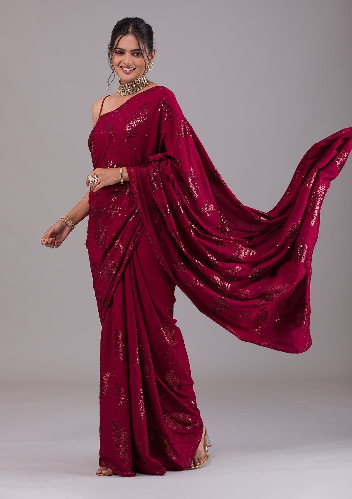 Maroon Sequins Semi Crepe Designer Saree