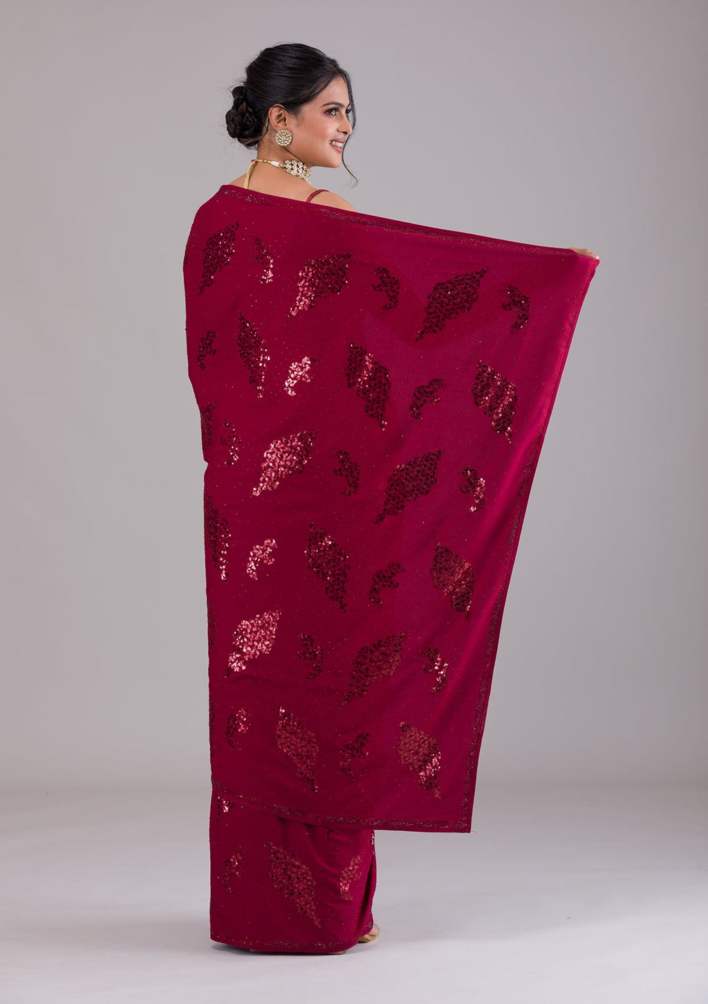 Maroon Sequins Semi Crepe Designer Saree