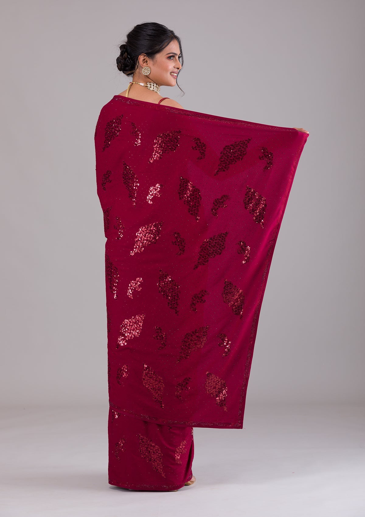 Maroon Sequins Semi Crepe Designer Saree