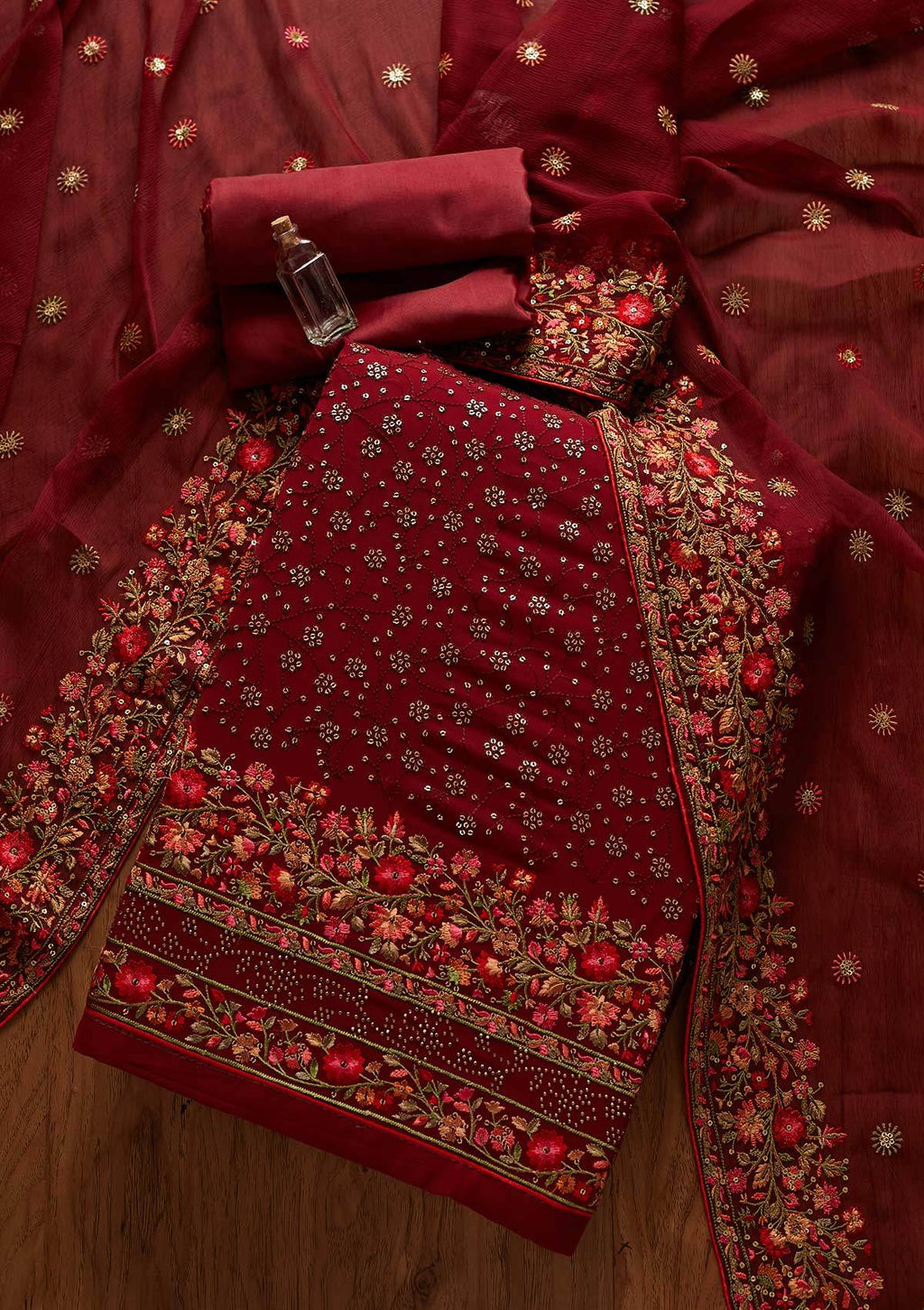 Maroon Sequins Georgette Unstitched Salwar Suit