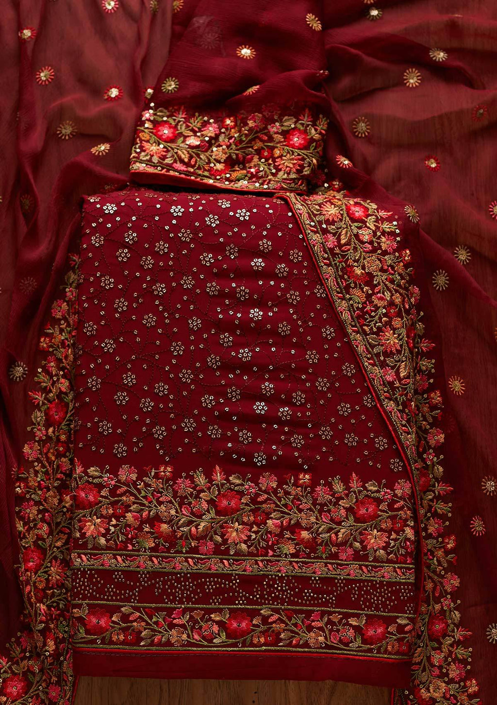 Maroon Sequins Georgette Unstitched Salwar Suit