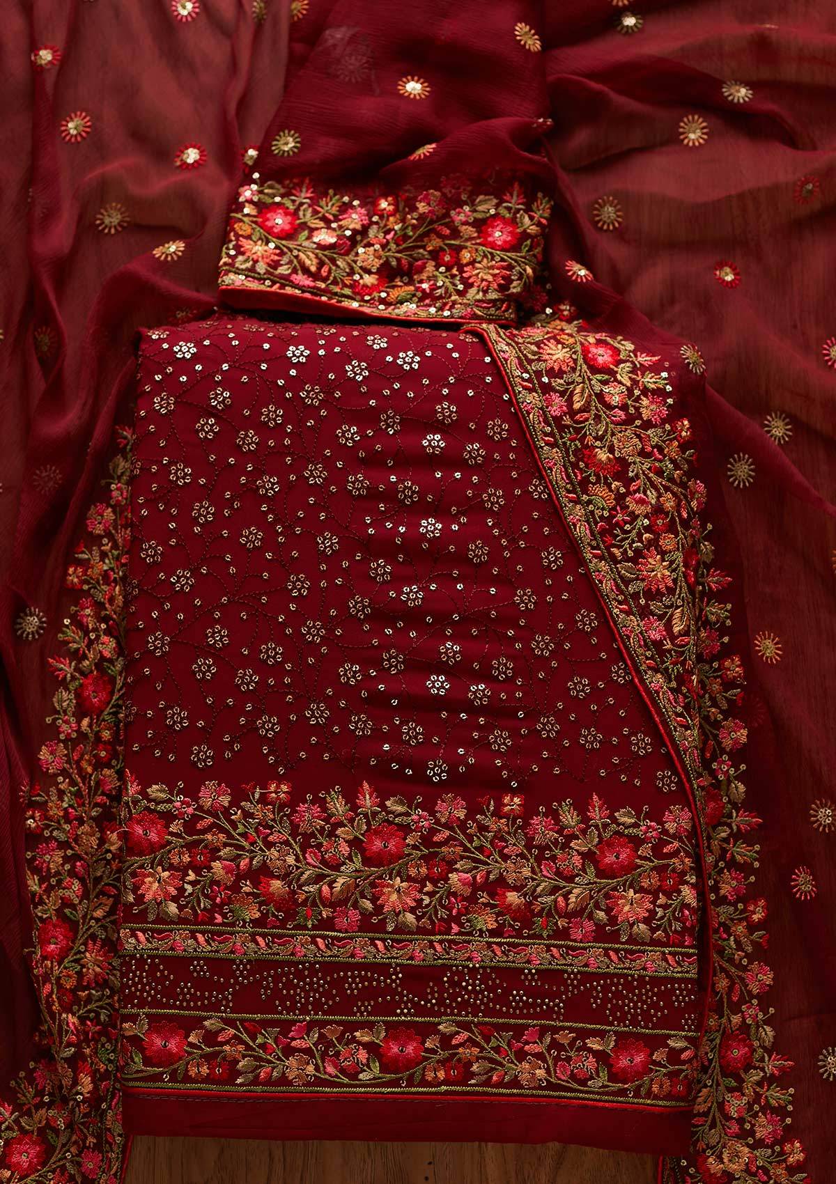 Maroon Sequins Georgette Unstitched Salwar Suit