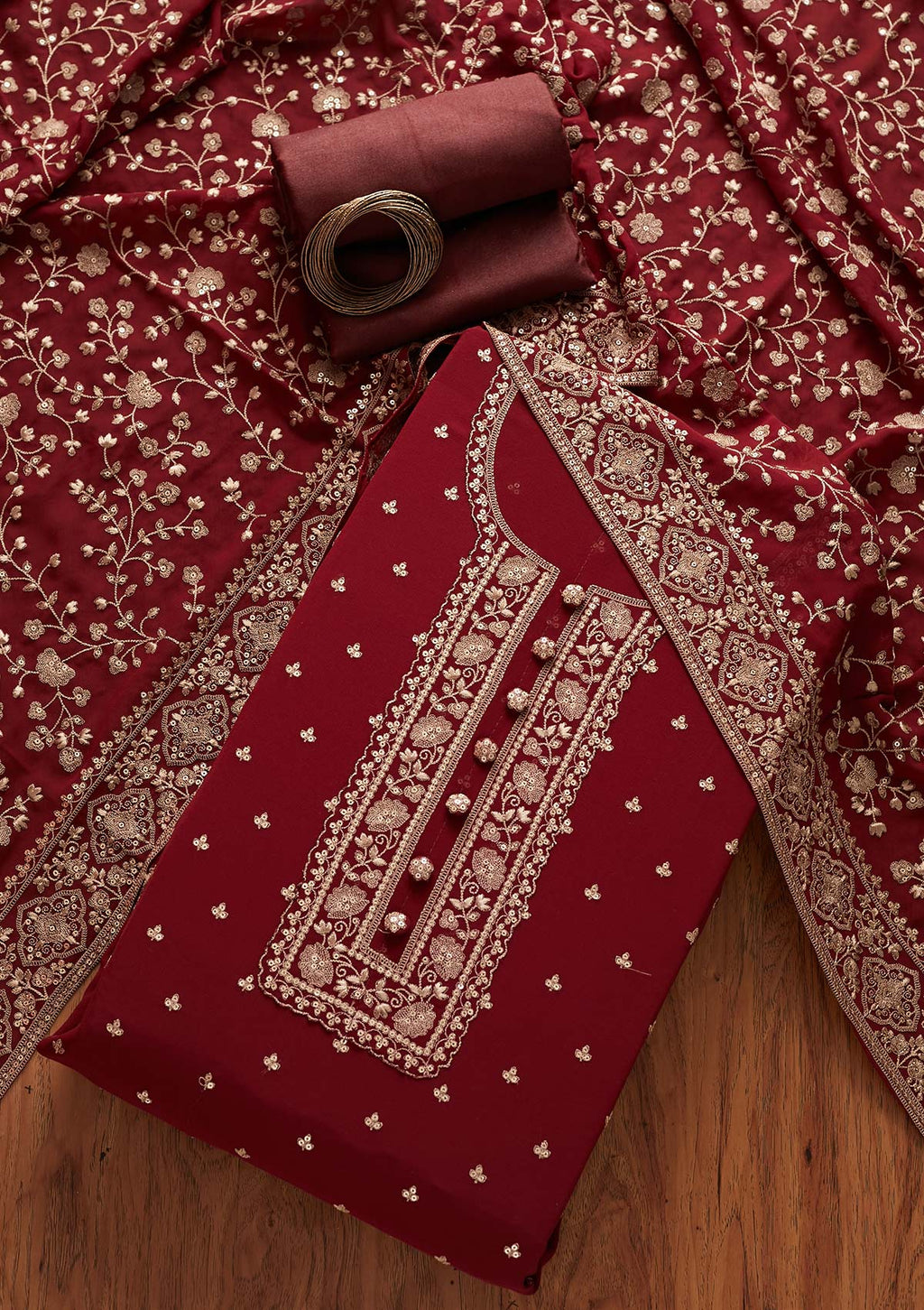 Maroon Sequins Georgette Unstitched Salwar Suit