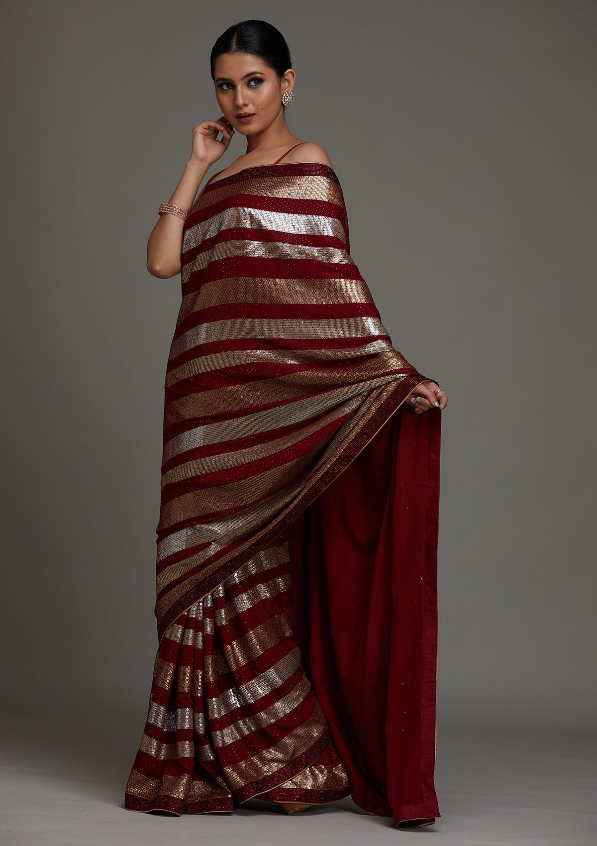 Maroon Sequins Georgette Designer Saree