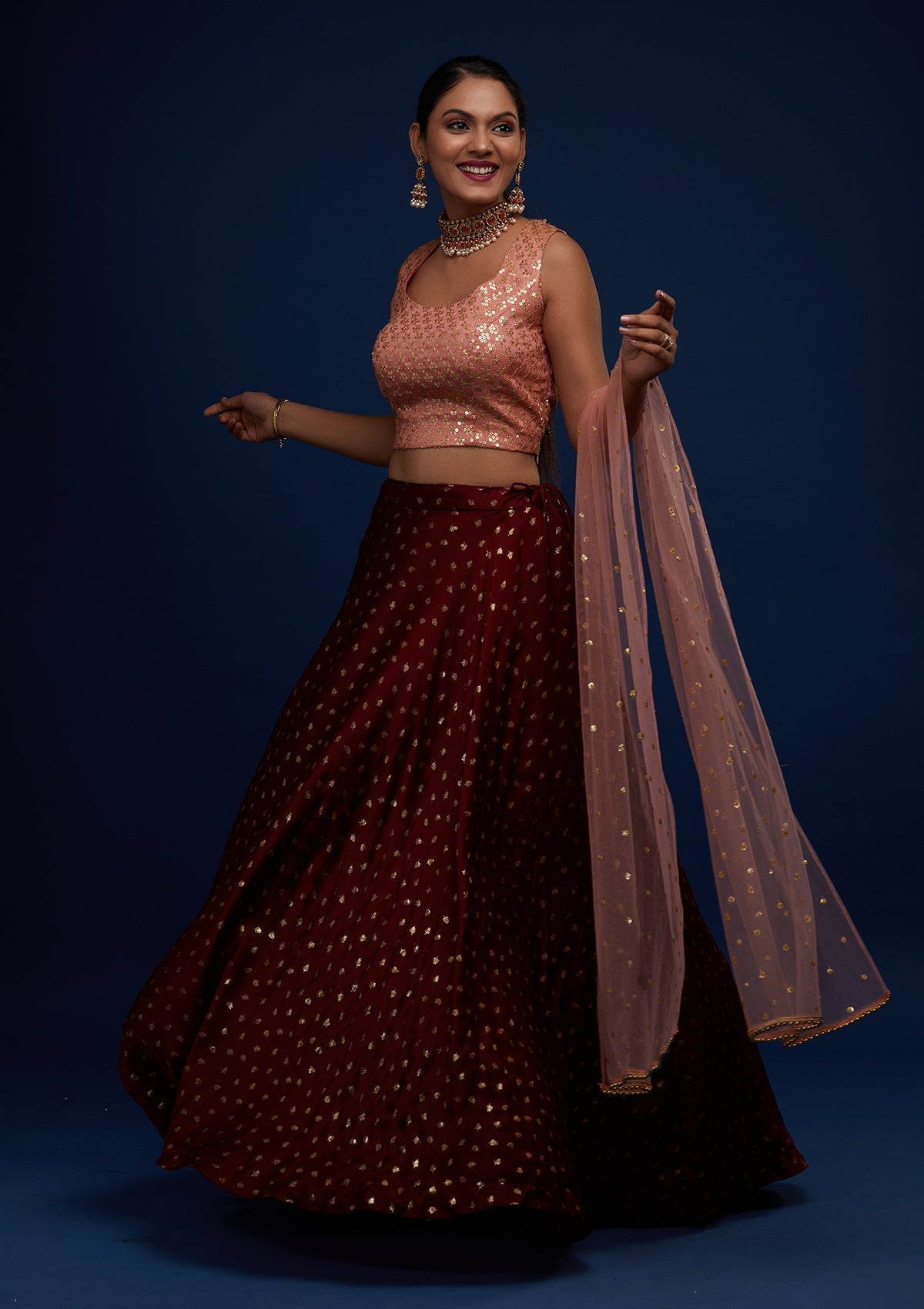 Maroon Sequins Semi Crepe Readymade Lehenga