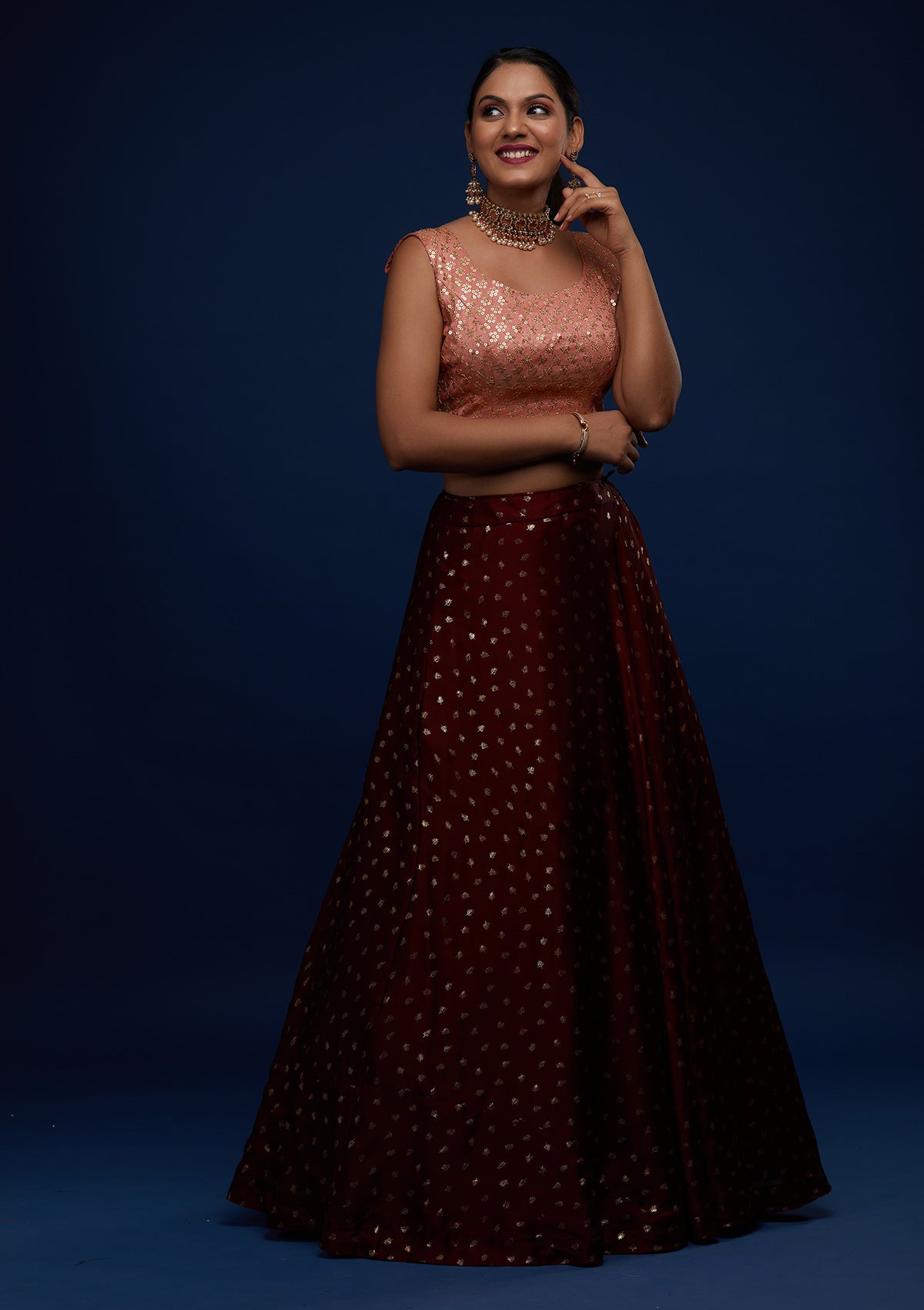 Maroon Sequins Semi Crepe Readymade Lehenga