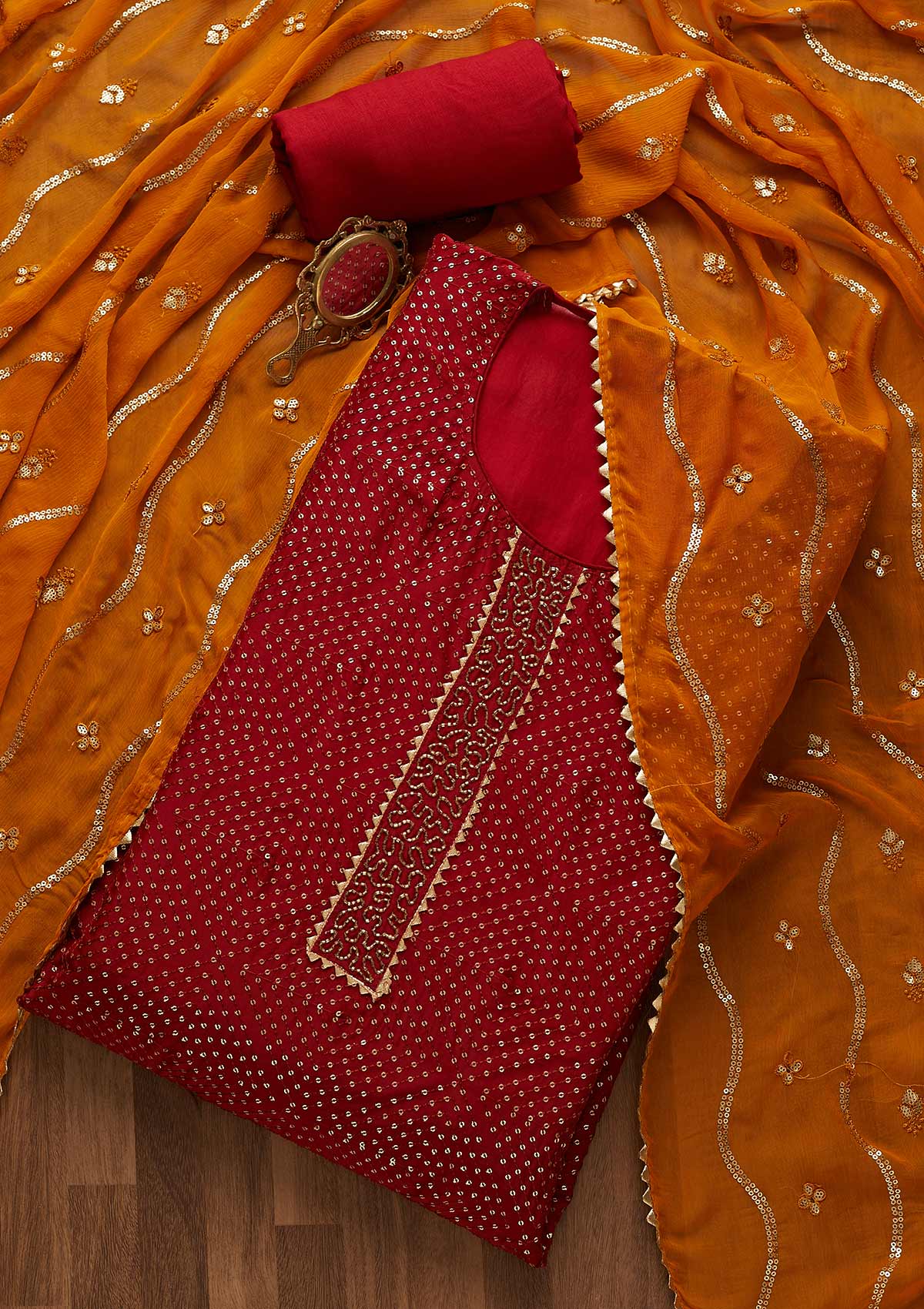 Maroon Sequins Semi Crepe Unstitched Salwar Suit