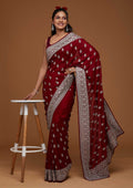 Maroon Stone Work Raw Silk Designer Saree
