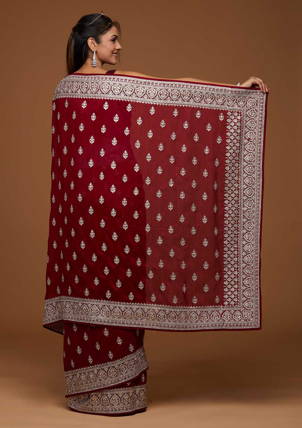 Maroon Stone Work Raw Silk Designer Saree