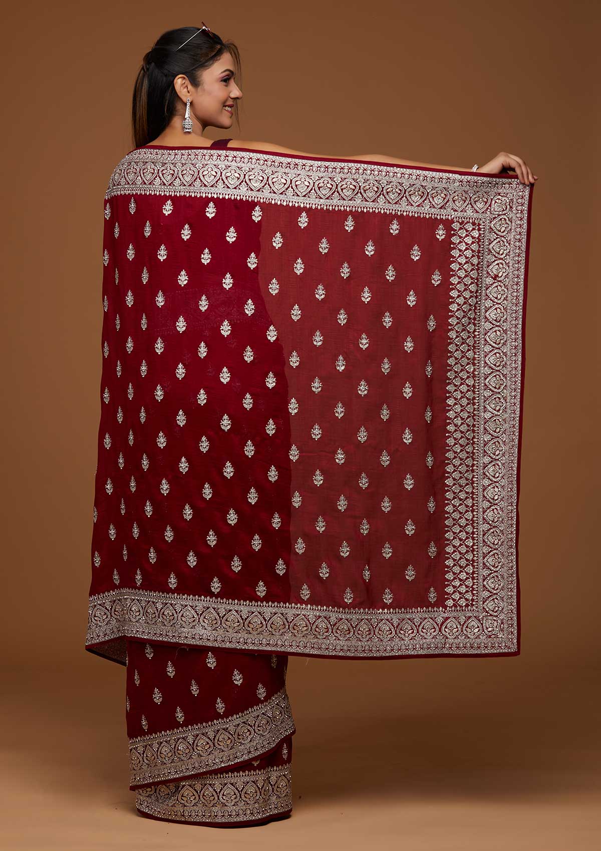 Maroon Stone Work Raw Silk Designer Saree