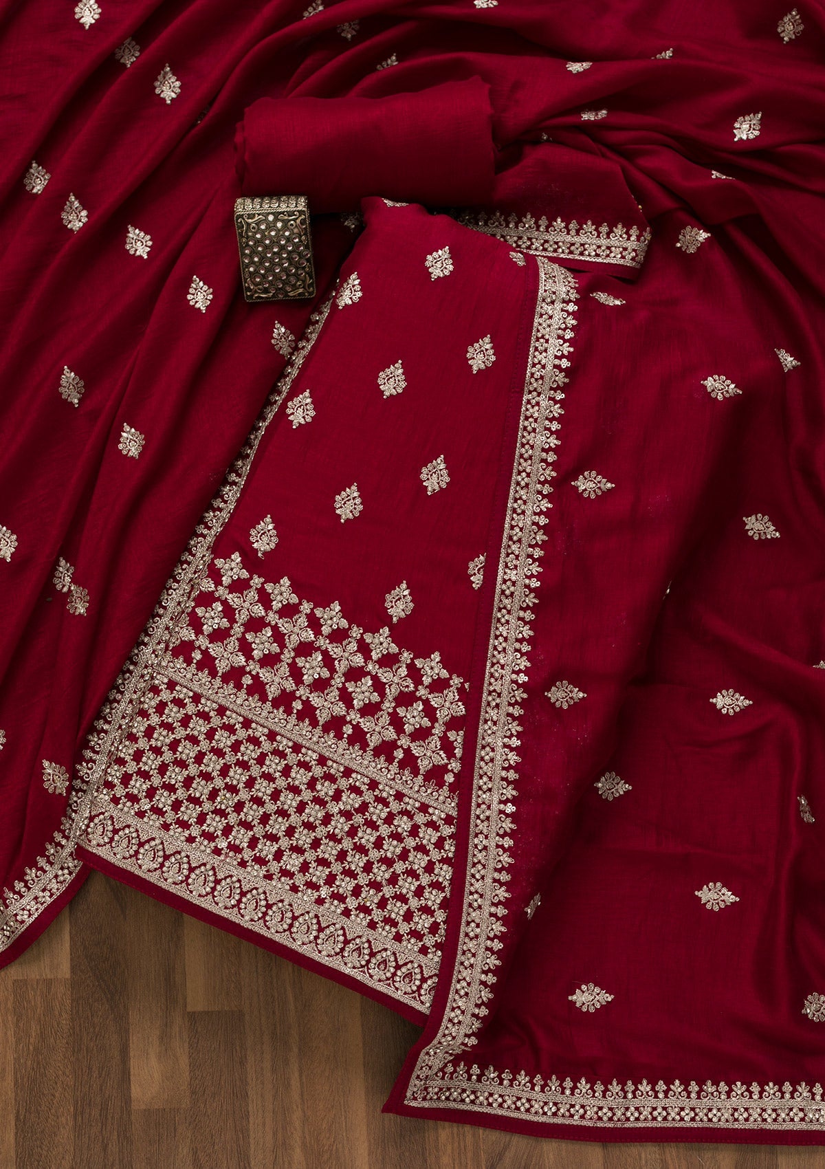 Maroon Zariwork Art Silk Unstitched Salwar Suit