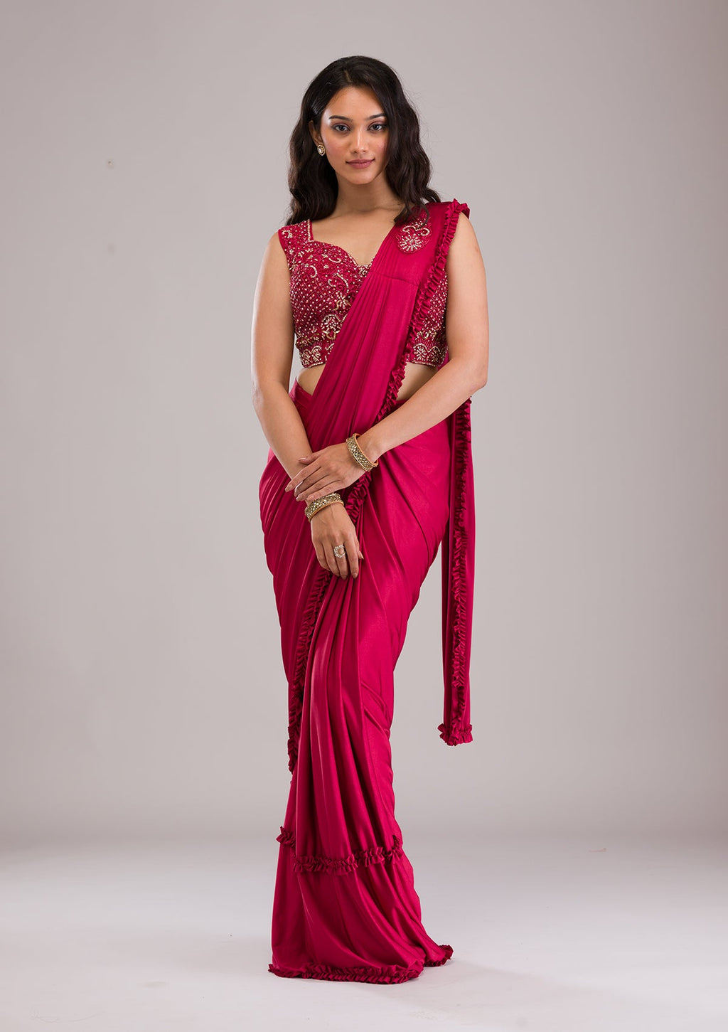 Maroon Stonework (Gold) Satin Saree