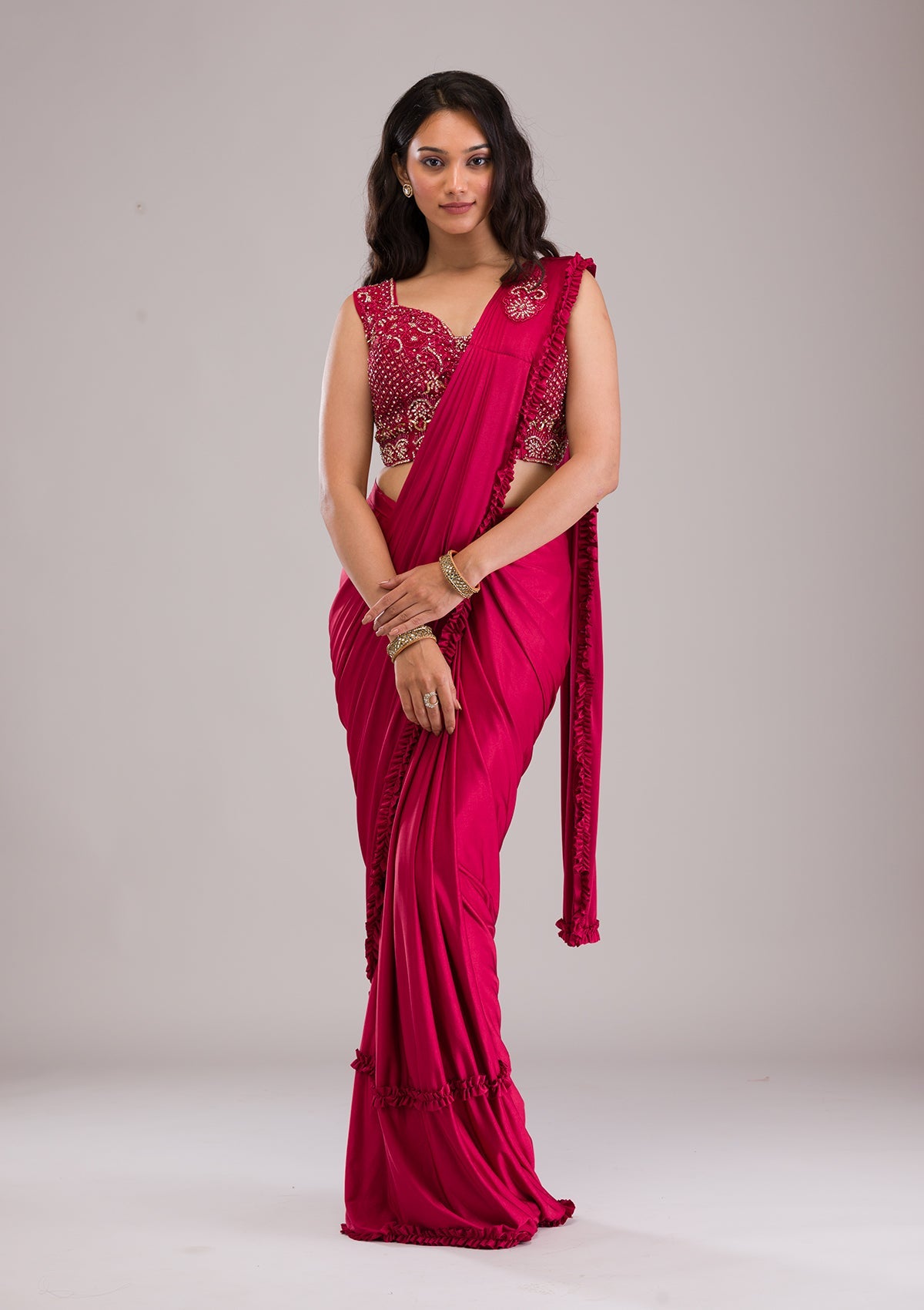 Maroon Stonework (Gold) Satin Saree