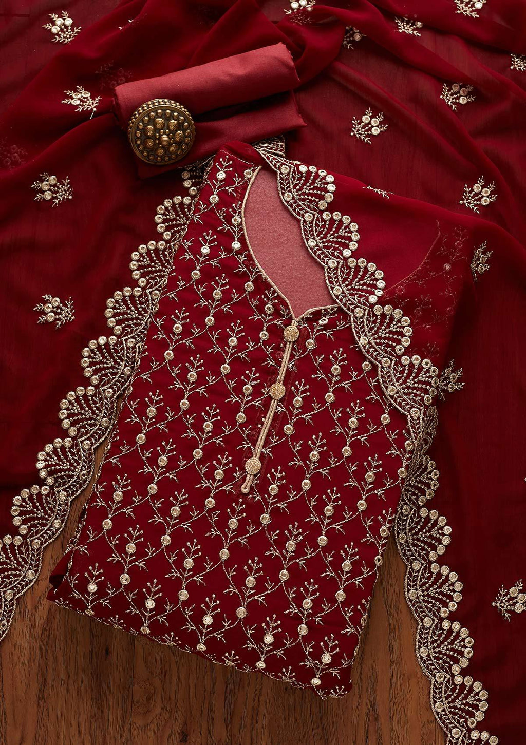 Maroon Swarovski Georgette Unstitched Salwar Suit