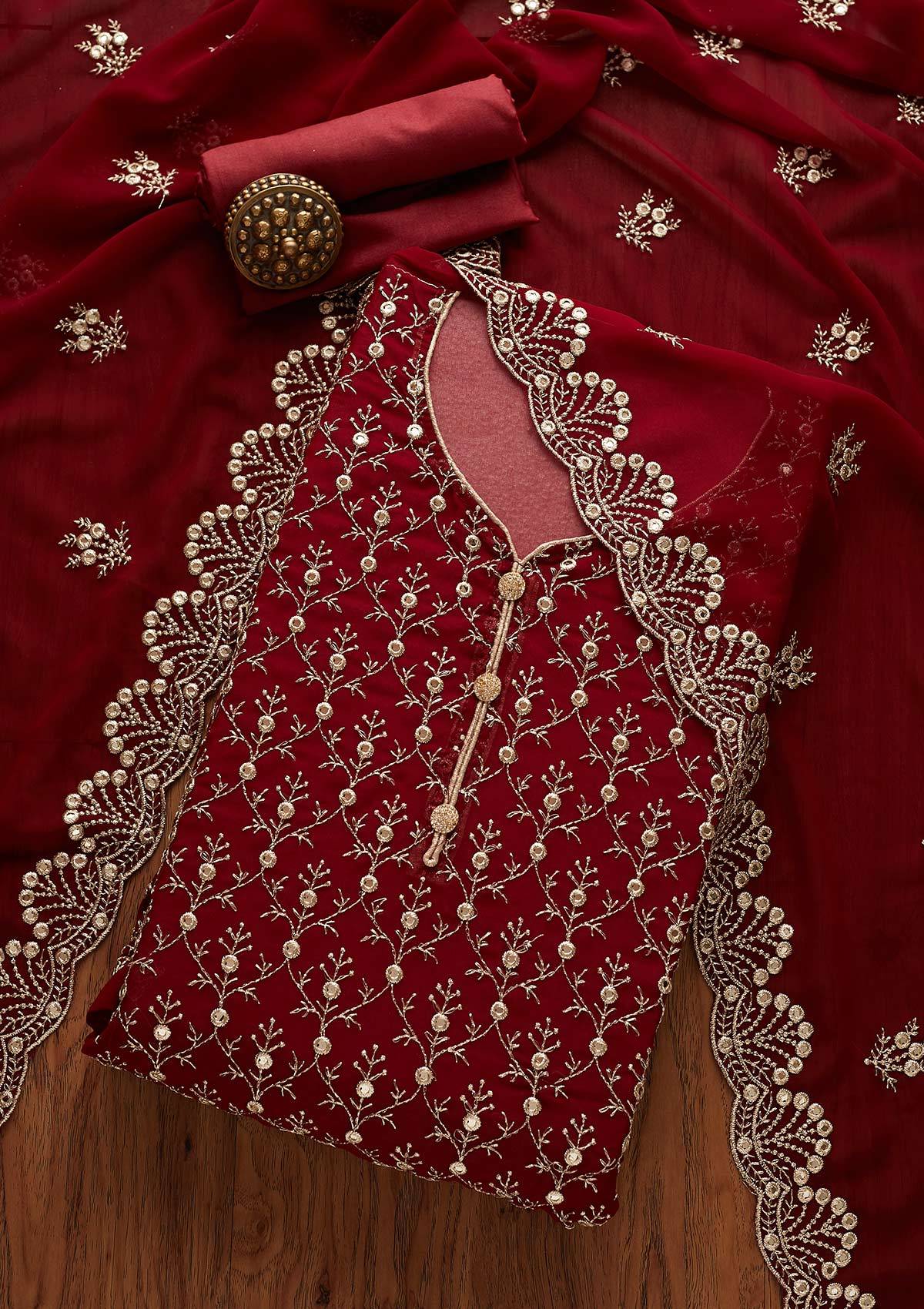 Maroon Swarovski Georgette Unstitched Salwar Suit