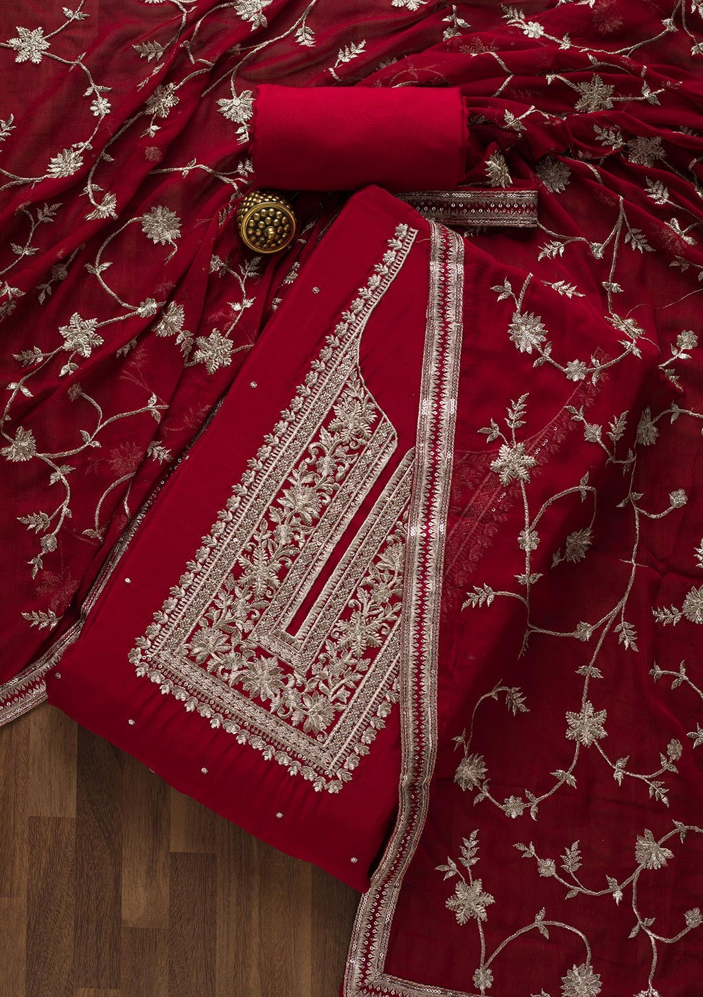 Maroon Swarovski Semi Crepe Unstitched Salwar Suit