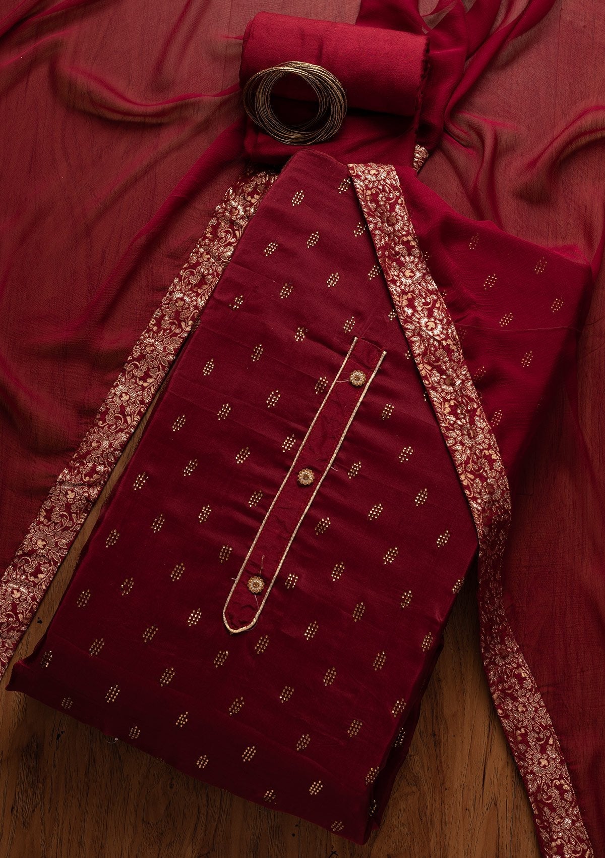 Maroon Swarovski Satin Unstitched Salwar Suit