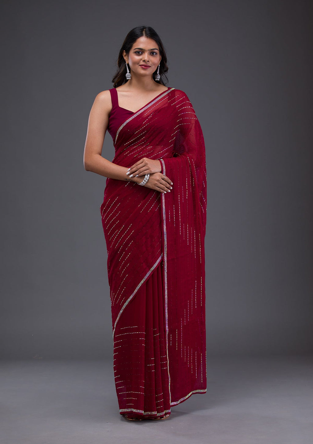 Maroon Swarovski Satin Saree