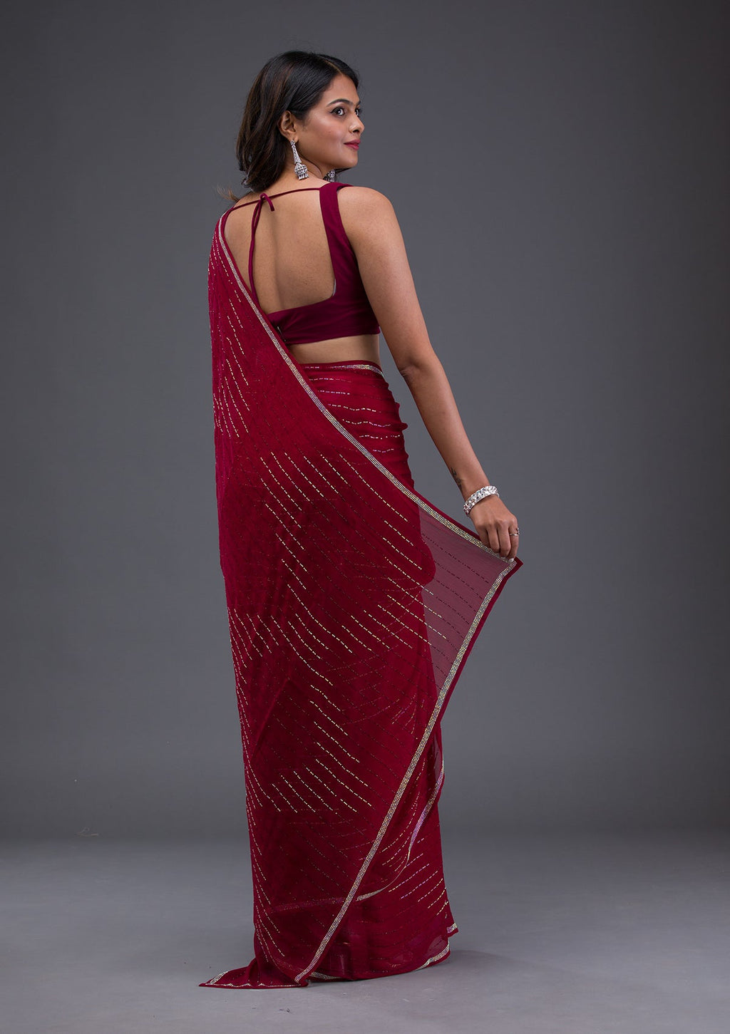 Maroon Swarovski Satin Saree