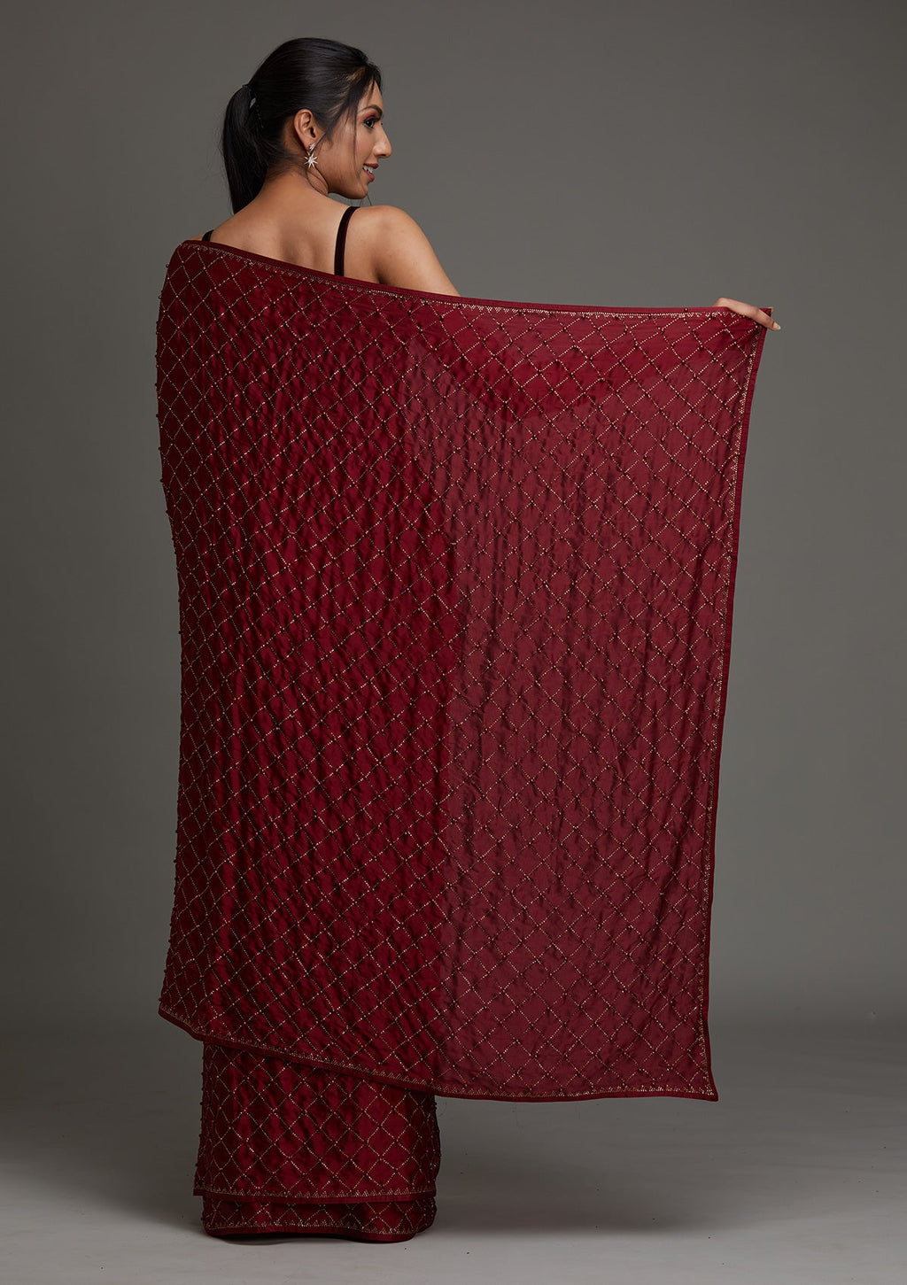 Maroon Swarovski Shimmer Designer Saree