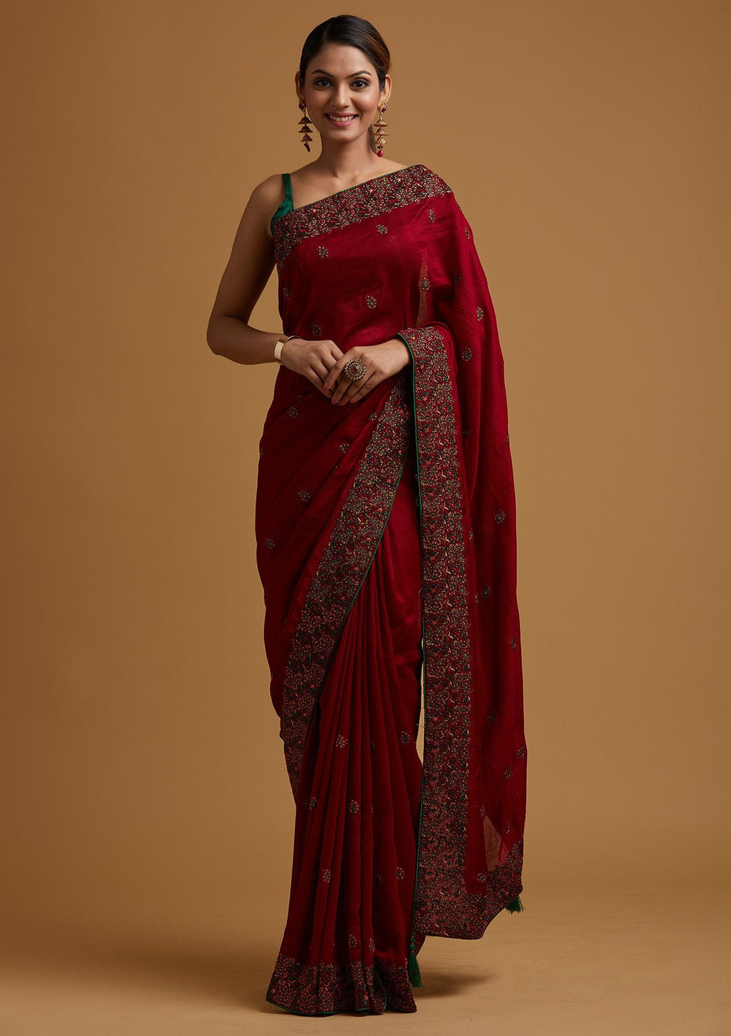 Maroon Threadwork Raw Silk Saree