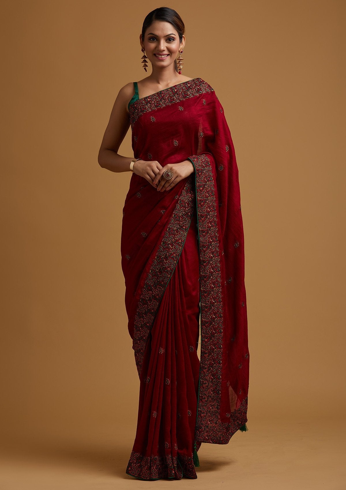 Maroon Threadwork Raw Silk Saree