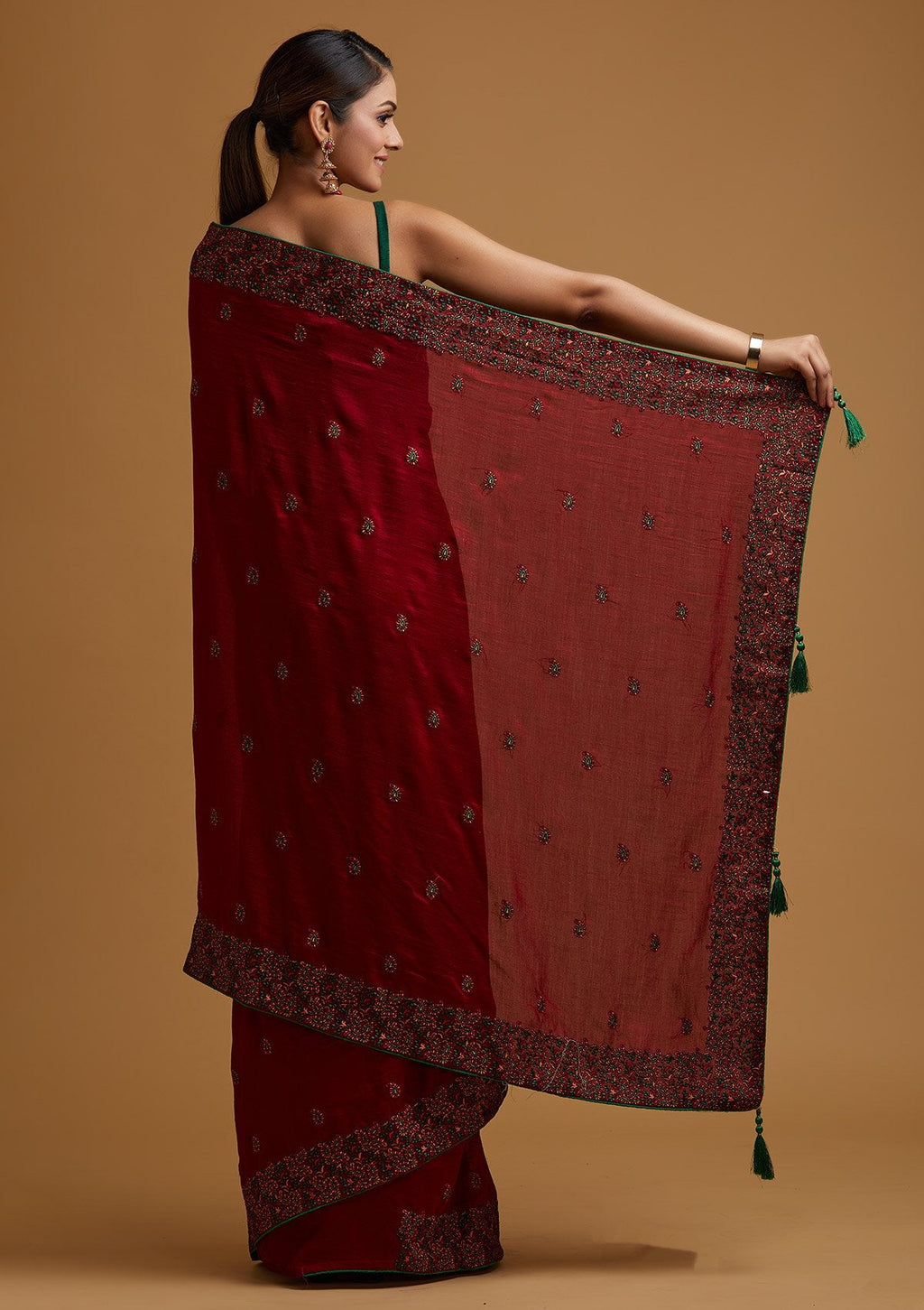 Maroon Threadwork Raw Silk Saree