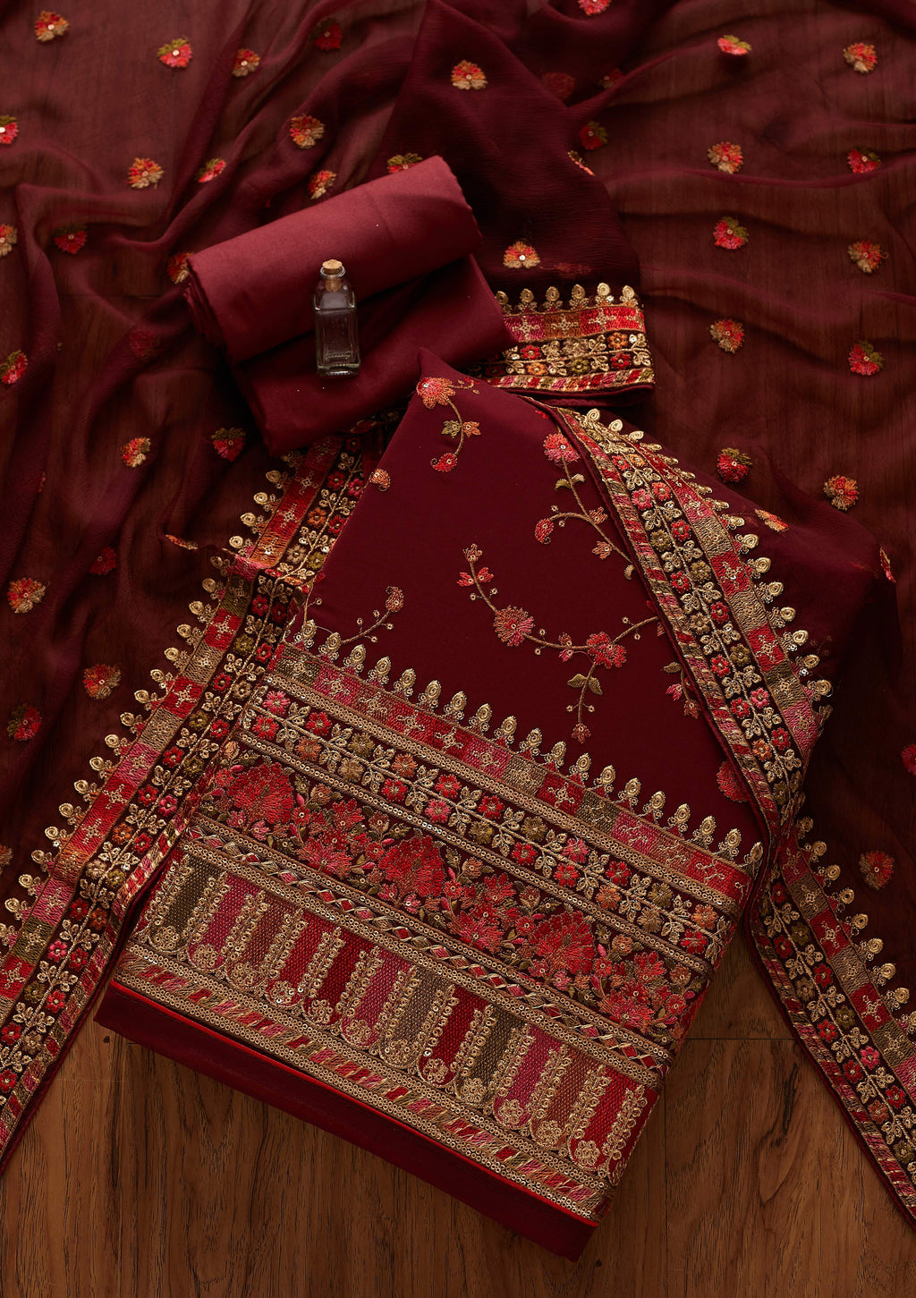 Maroon Threadwork Georgette Unstitched Salwar Suit