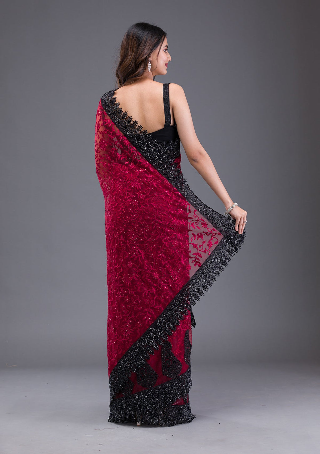 Maroon Threadwork Net Saree