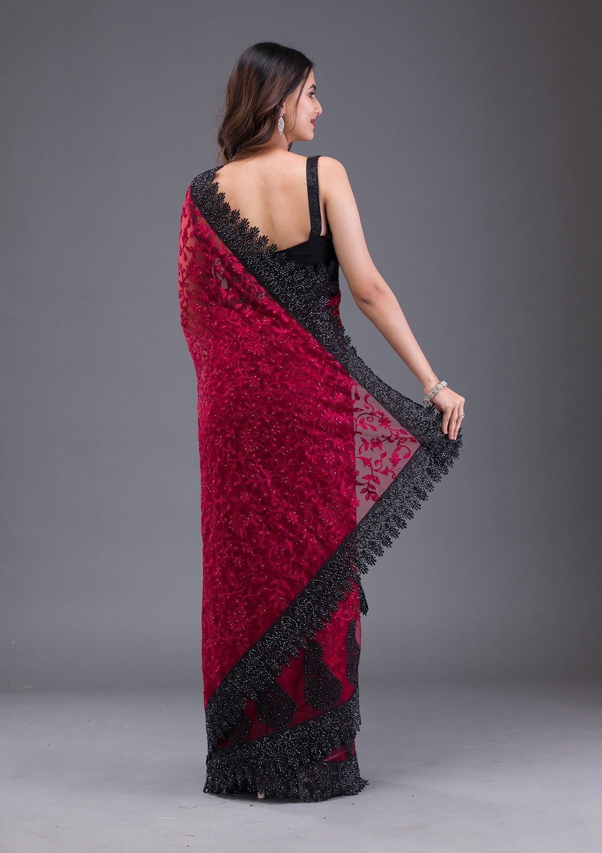 Maroon Threadwork Net Saree
