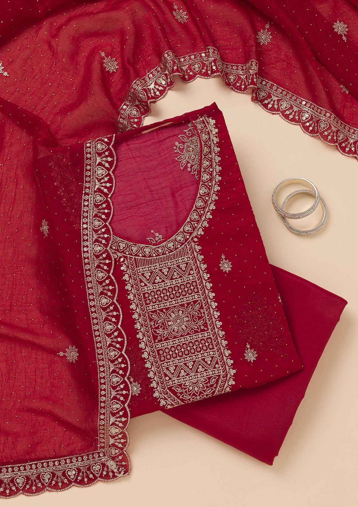 Maroon Zariwork Art Silk Unstitched Salwar Suit