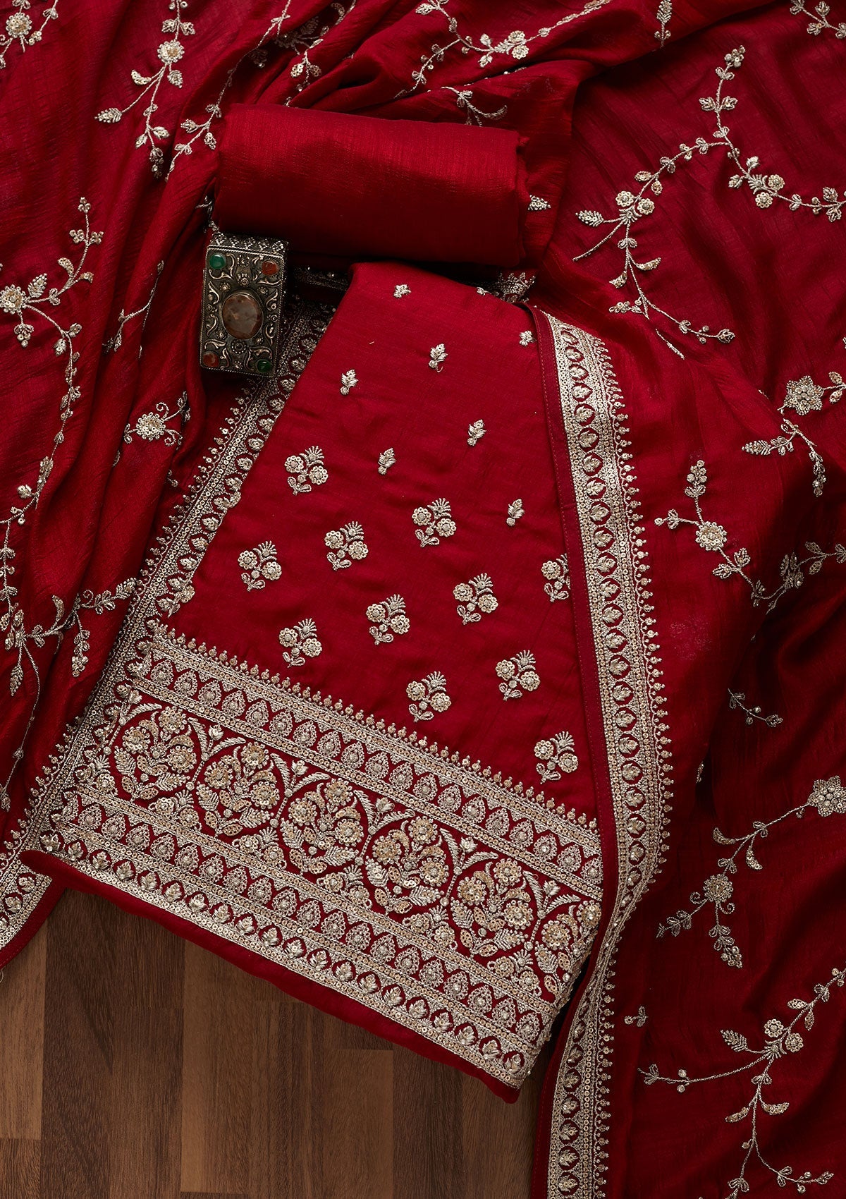 Maroon Zariwork Art Silk Unstitched Salwar Suit