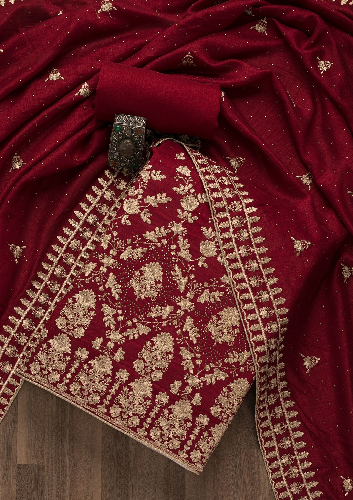Maroon Zariwork Art Silk Unstitched Salwar Suit