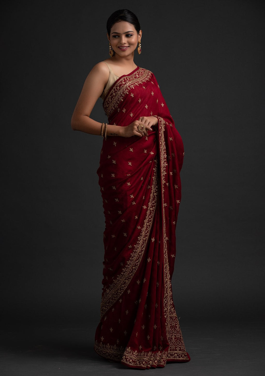 Maroon Zari Work Raw Silk Saree