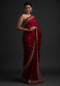 Maroon Zari Work Raw Silk Saree