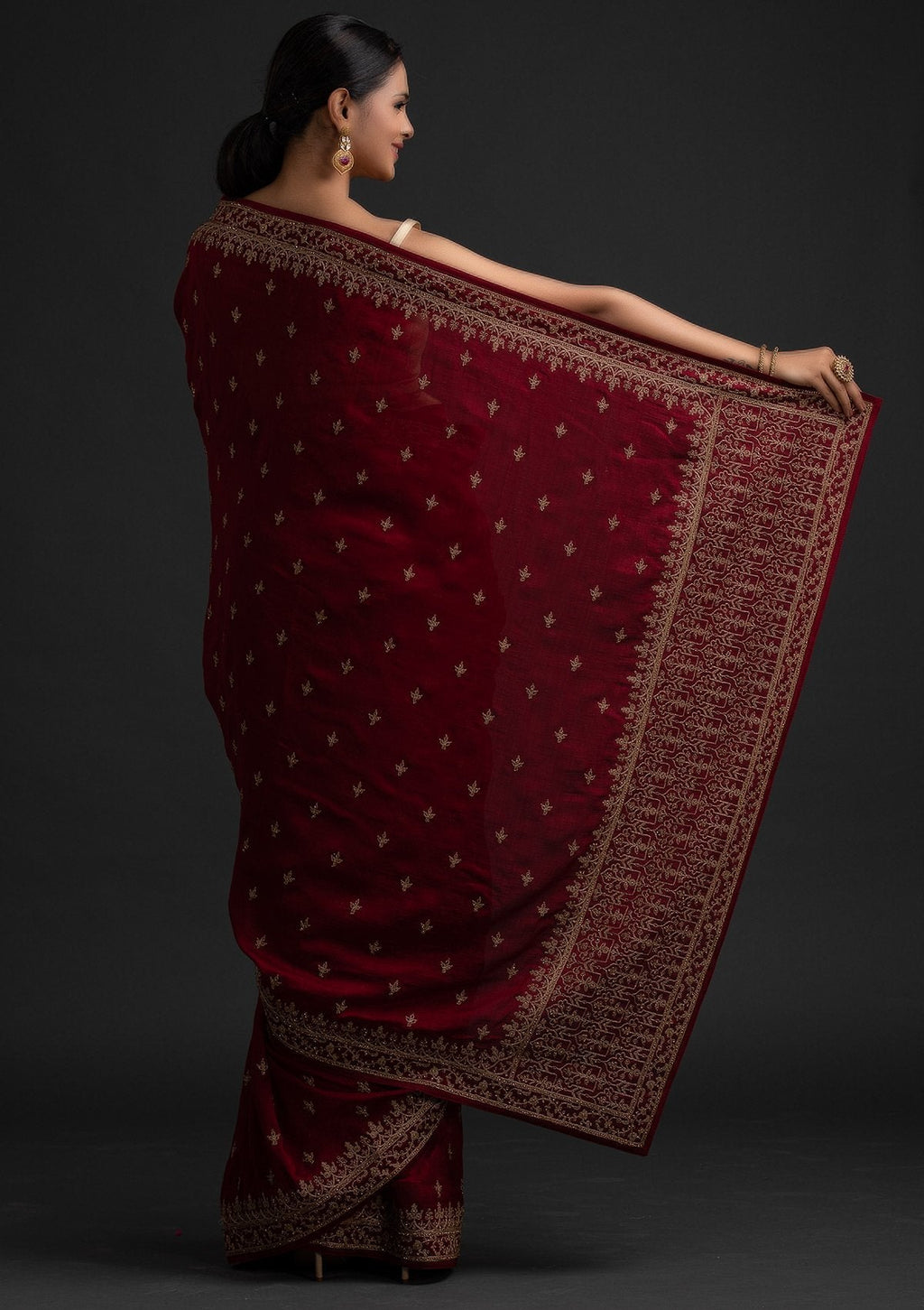 Maroon Zari Work Raw Silk Saree