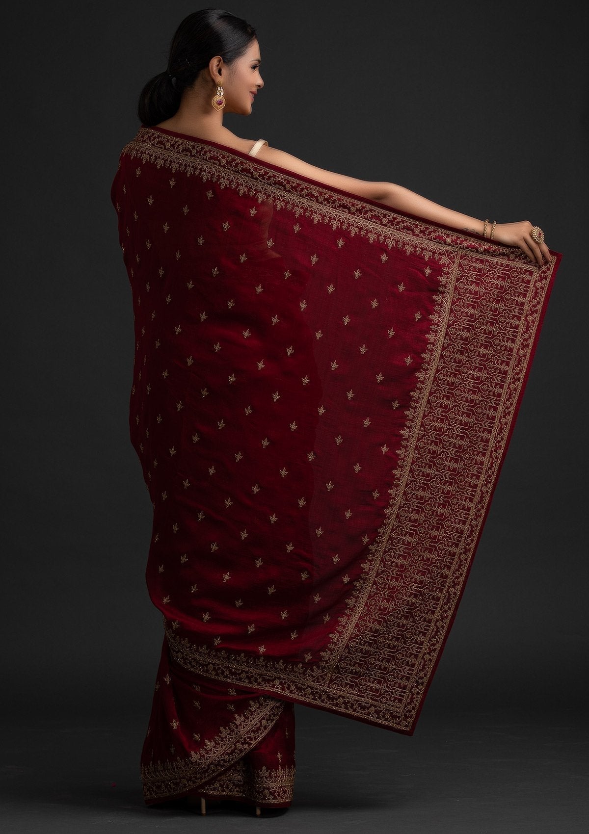 Maroon Zari Work Raw Silk Saree