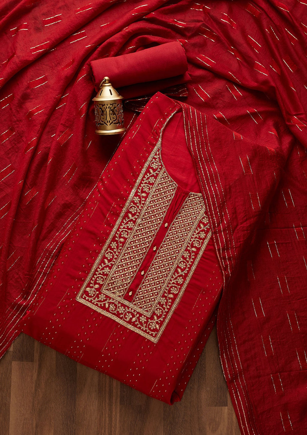 Red Zariwork Semi Crepe Semi-Stitched Salwar Suit