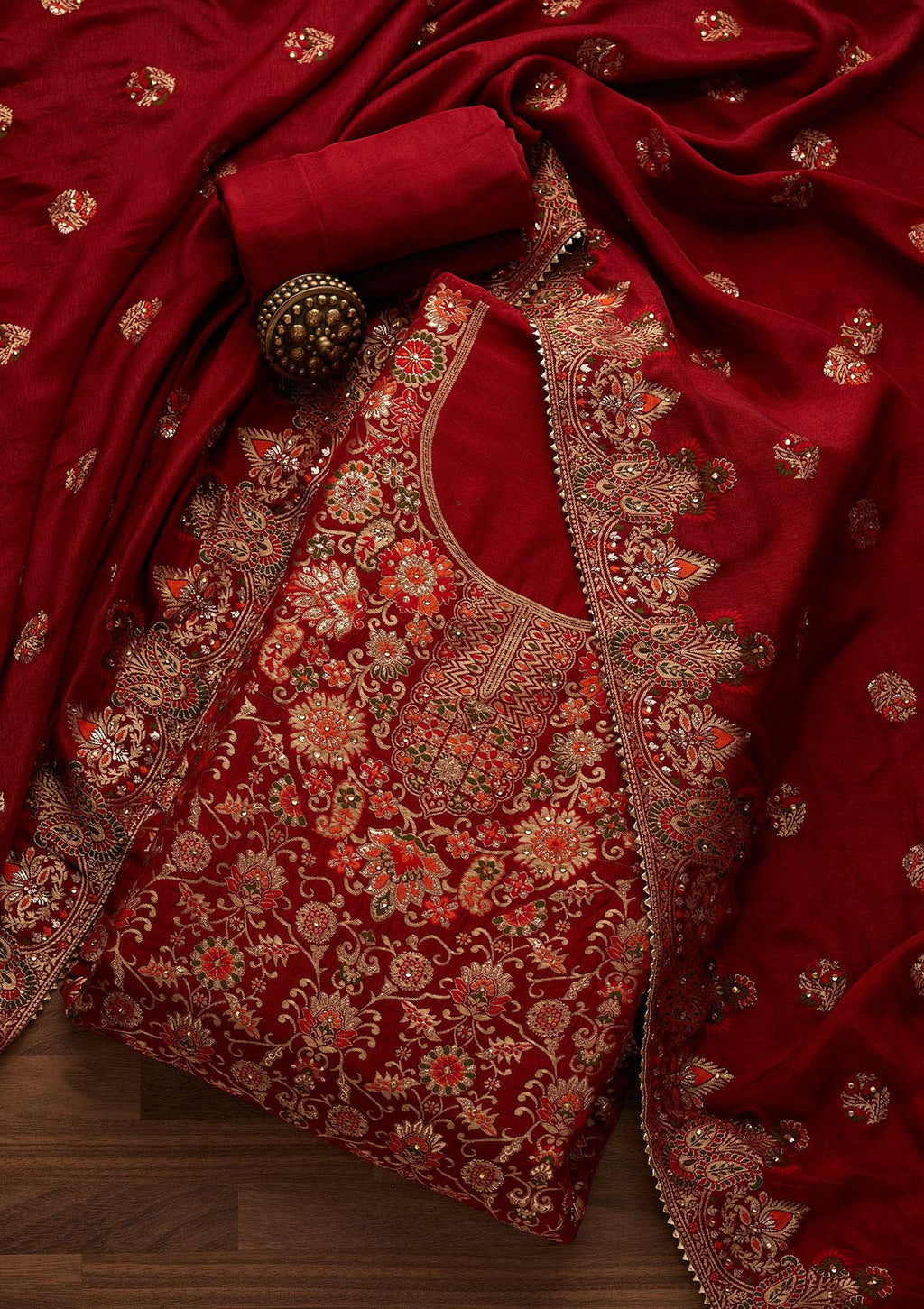 Maroon Zariwork Semi Crepe Unstitched Salwar Suit