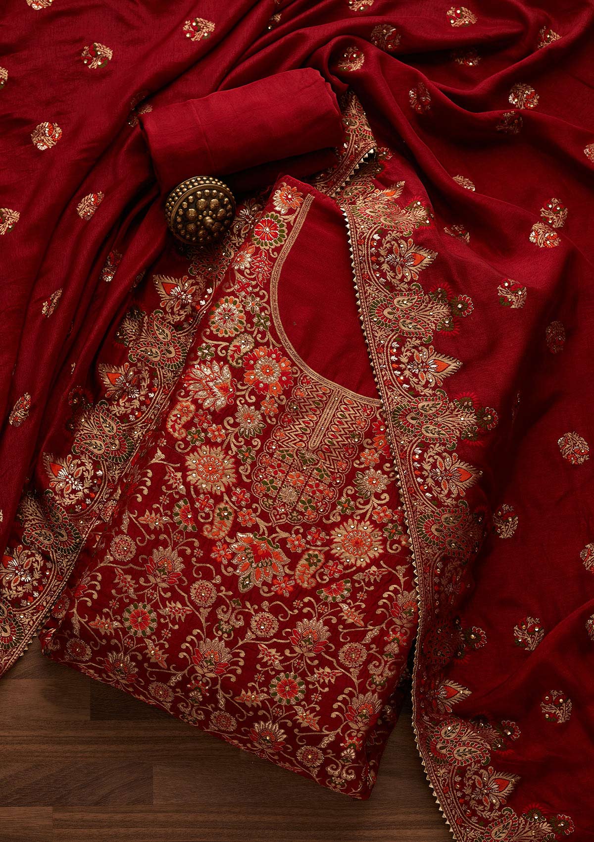 Maroon Zariwork Semi Crepe Unstitched Salwar Suit